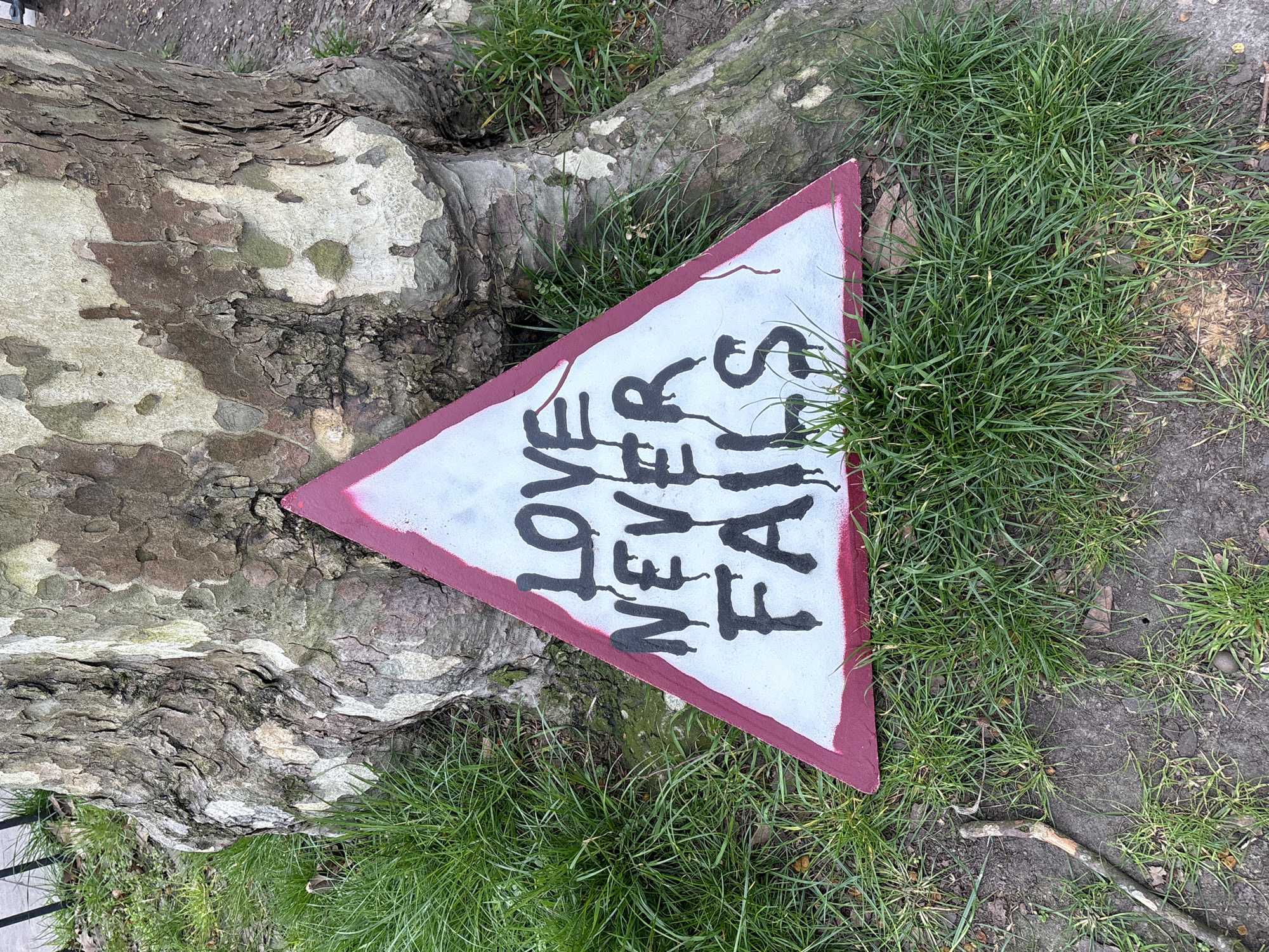 The image shows a hand-painted, triangular sign with the words "LOVE NEVER FAILS" written in black lettering on a white background, framed by a pink border. The sign is lying on the ground amongst grass and tree roots. The bark of the tree is mottled with grey, white, and brown patches. The environment suggests a park or green space. While the location is not explicitly discernible from the image, the context provided suggests it is likely in the city of London, United Kingdom.