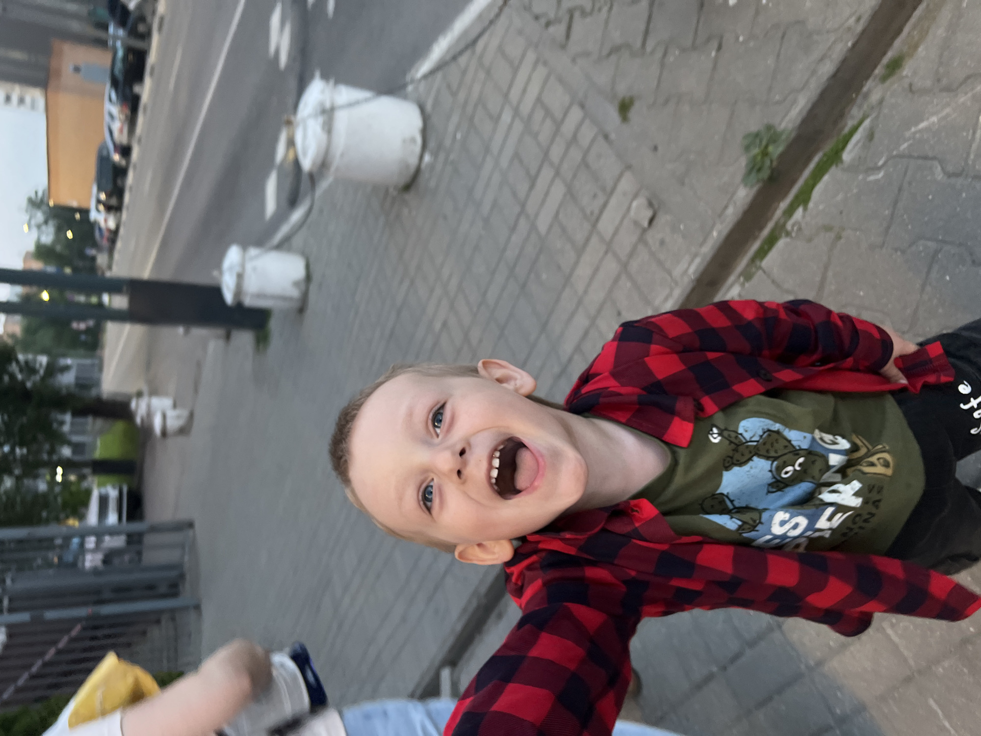 A young boy with blond hair and blue eyes is grinning at the camera. He is wearing a green t-shirt with a blue design and a red and black plaid shirt. The background appears to be a city street. There are white concrete bollards on the sidewalk. There is greenery along the curb. There is a row of parked cars on the left. The image appears to be taken at dusk or in low light. The location is likely in Mytishchi, Russia. There is also a partial view of a person holding the camera, wearing light-colored clothing.