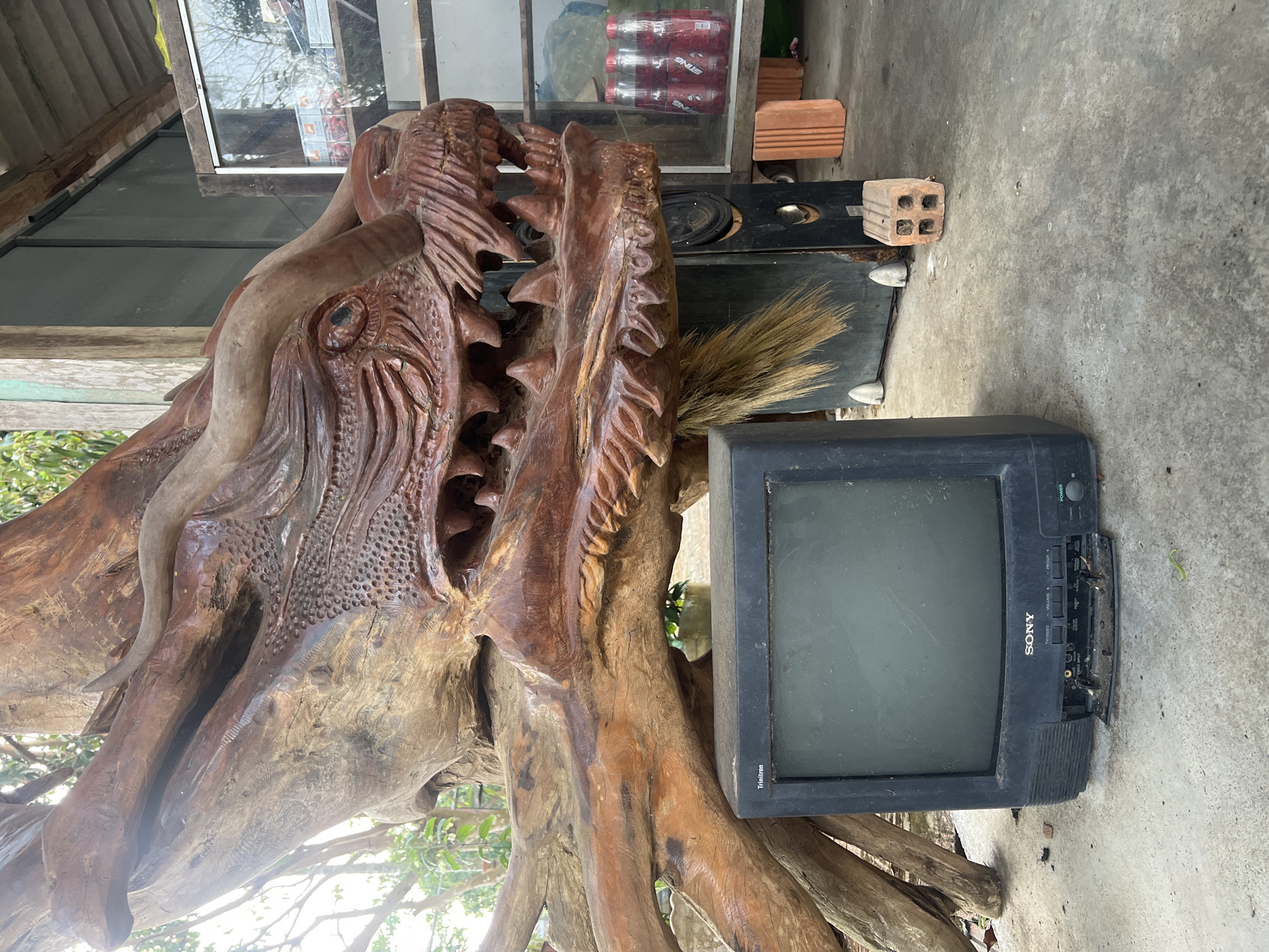 A Sony Trinitron CRT television sits on the ground next to a large, carved wooden sculpture in what appears to be an outdoor area. The sculpture resembles a dragon or mythical creature with prominent teeth and detailed carvings. Behind the sculpture and television, there are bricks and a black speaker. The ground is concrete, and the scene is likely located in Ea Tê, Vietnam.