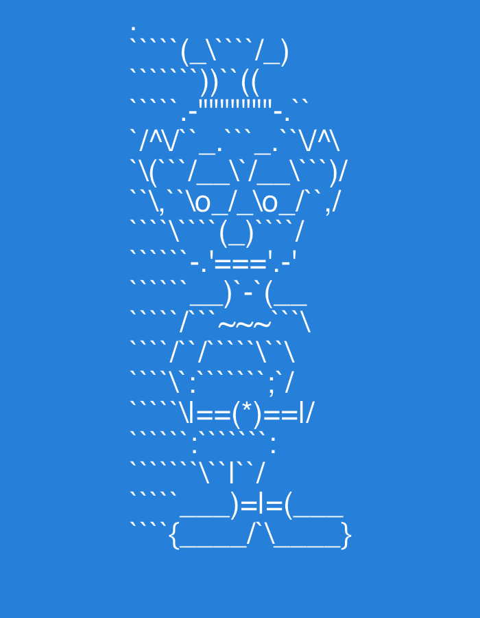 The image is a digital rendering of ASCII art on a blue background. The ASCII art depicts a robot-like figure. The figure has a segmented body, with a head that appears to be a skull. The figure is centered vertically and is comprised of various characters such as parentheses, slashes, underscores, and other symbols to create its form. There is no identifiable location in the city of Yerevan, Armenia, or any people, subjects, or actions present in the image. It is purely a text-based graphical representation.