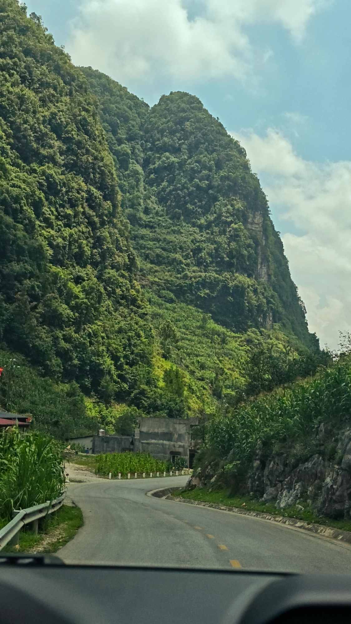 The image depicts a winding asphalt road, marked with broken yellow lines, curving to the left through the landscape of Sủng Máng Commune, Vietnam. The road is bordered on the left by a metal guardrail and tall, green vegetation. Beyond the guardrail is a rural building and surrounding cultivated land. To the right of the road is a rocky slope densely vegetated with corn stalks and other greenery. Dominating the background is a large, verdant mountain, heavily covered in trees. A section of the mountain features a sheer, rocky cliff face. The sky is partially visible, with patches of blue and scattered white clouds. The scene is viewed from inside a vehicle, with part of the dashboard visible at the bottom of the frame.