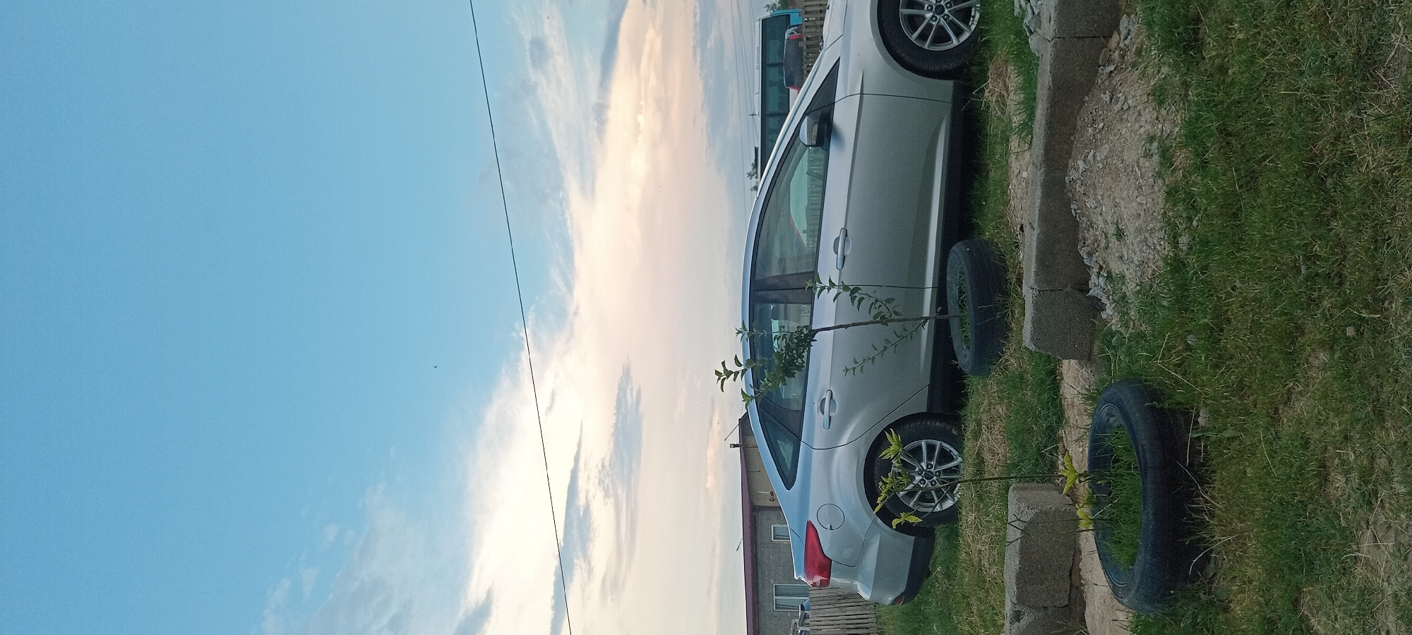 This is a vertical, full-shot photograph of a silver car parked on a grassy area next to a dirt path. The car is the primary subject, with a small tree planted in front of it, its branches reaching towards the car's side. Another old tire is visible to the right of the car, partially embedded in the grass. The background shows a cloudy sky with streaks of pink and orange, suggesting it might be during sunset or sunrise. In the far background, parts of buildings and what appears to be another vehicle are visible. The scene is outdoors, possibly in a rural or semi-urban setting. There is no visible text in the image. The lighting suggests it is late afternoon or early evening. The overall mood is calm and somewhat still, with the car appearing to be parked for a while.
