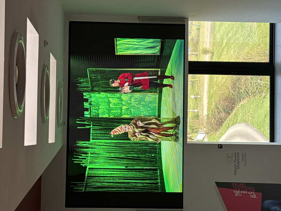 The image depicts an indoor scene within a cultural facility in Altenheim, Germany, identified by signage for "THEATER BADEN ALSACE" and "Werner Ewers Skulpturen." A large, wall-mounted display screen dominates the upper half of the frame, showing a theatrical performance. On stage, two male actors are present: one on the left in an elaborate, multi-colored jester-like costume with a striped conical hat, gesturing with both hands; the other on the right in a red medieval tunic with a sheathed sword, holding a brown, head-shaped prop and looking towards the first actor. The stage backdrop is predominantly green, featuring tall, thin vertical elements resembling reeds, a stylized green castle structure, and a green draped curtain. Below the screen, a large window reveals an outdoor view of a grassy landscape with sparse vegetation and a curved paved path. The interior features light-colored walls and a ceiling with circular and rectangular recessed lighting fixtures. A silver speaker bar is mounted to the right of the screen.