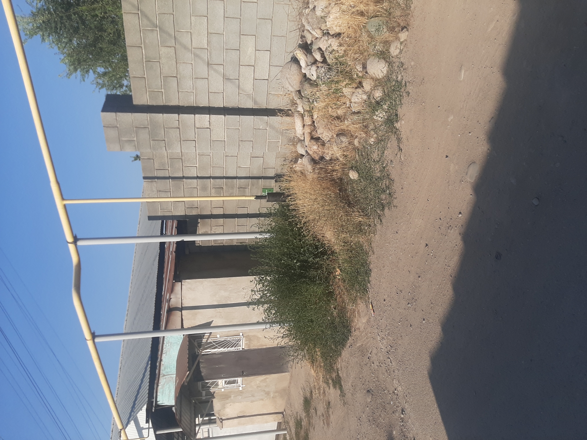The image depicts a street scene in Novopokrovka, Kyrgyzstan, on a clear day with a blue sky. In the foreground, a dusty, unpaved road occupies the lower half of the frame, with a dark shadow cast across it from an unseen object. To the right of the road, a pile of large, rounded rocks is visible, interspersed with dry, yellow grass and some green vegetation. A grey cinder block wall, approximately seven feet high, runs along the back of the rocks and extends to the right. Above the wall, green trees are visible against the sky. A yellow pipe, supported by grey vertical posts, runs horizontally across the upper portion of the image, spanning from the left side towards the wall. To the left of the wall and behind the rocks, a small, light-colored building with a corrugated metal roof is situated. This building has a small covered entrance with a window and a door. A patch of dense green bushes is located between the building and the pile of rocks. Further to the left and behind this structure, a larger building with a silver corrugated metal roof and a light-colored wall is partially visible.