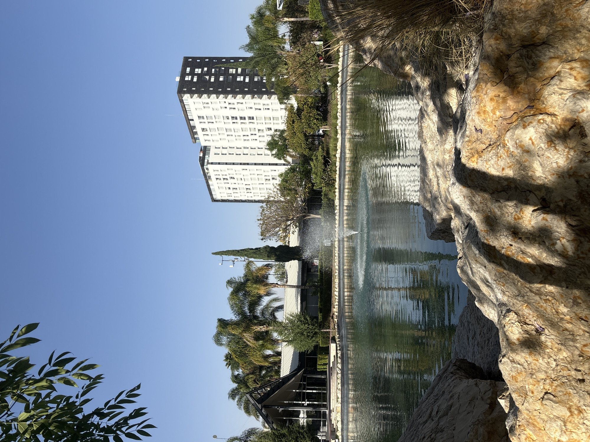 The image shows a pond with a fountain, surrounded by vegetation and rocks. In the background, there are buildings, including a high-rise apartment complex, with black and white colors. The pond is reflecting the surrounding landscape, with the buildings visible in the water. The image features natural elements such as trees, palm trees and foliage. The sky is clear and blue. The scene is located in San Bernardino Tlaxcalancingo, Mexico. There are no people visible in the image.