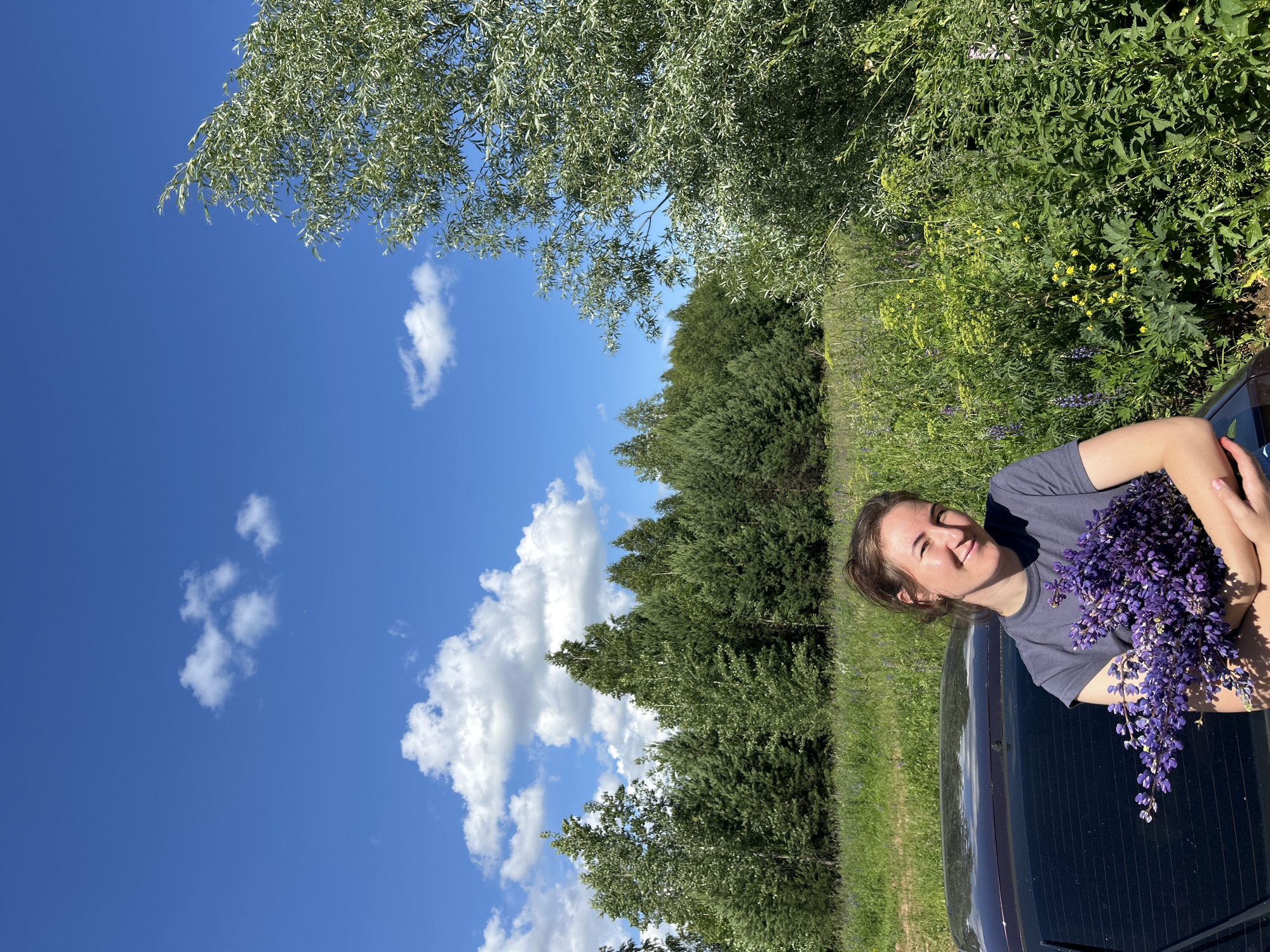 A young woman with brown hair pulled back stands outdoors, leaning against the rear of a dark-colored car. She is holding a large bouquet of purple flowers. The woman is wearing a grey t-shirt and smiling at the camera. The background is a landscape with a field of green grass and wildflowers, a dense forest of evergreen and deciduous trees, and a bright blue sky with scattered white clouds. The location is identified as Verkh-Rozhdestvo, Russia.