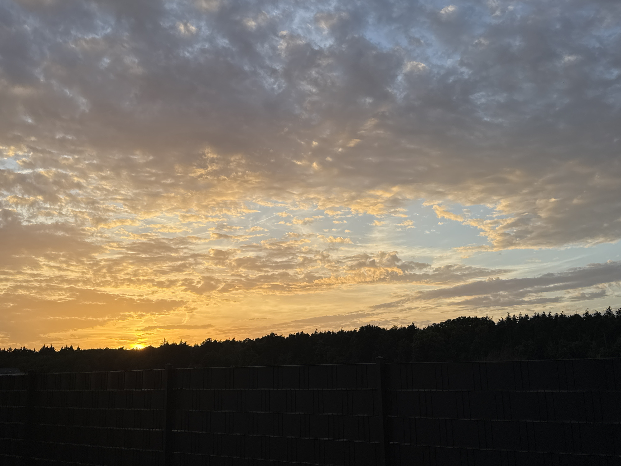 This is a photograph of a sunset over a tree line in Bellheim, Germany. The sky is filled with clouds that are illuminated by the setting sun, creating a vibrant display of orange, yellow, and blue hues. The clouds are textured and appear to be moving, suggesting a dynamic atmosphere. Below the sky, a dense line of trees forms a dark silhouette against the bright sky. In the foreground, a dark fence runs horizontally across the image, partially obscuring the view of the trees. The fence is made of dark material and appears to be made of vertical slats. The overall impression is one of natural beauty and tranquility, with the fence adding a man-made element to the scene.
