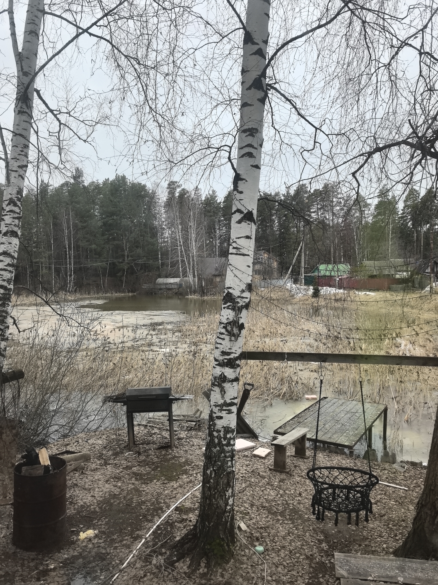 The image shows a rural lakeside setting in what appears to be early spring or late autumn. The location is inferred to be near Noviy, Russia, based on the provided information. A narrow body of water, potentially a lake or pond, is partially covered with a thin layer of ice or melting snow. Reeds and dry vegetation line the water's edge.
The foreground contains a small, informal recreation area. A rusty metal drum, possibly used as a fire pit, stands near a charcoal grill. A simple wooden dock extends into the water, adjacent to a hanging basket chair suspended between two trees. A wooden bench sits beside the dock.
The background features a forest of bare trees and evergreen conifers. Scattered houses and outbuildings are visible beyond a fence in the distance, indicating a small settlement or village. The sky is overcast and grey, suggesting a cold or damp day. There are no people visible in the image. The scene conveys a sense of isolation and dormancy.