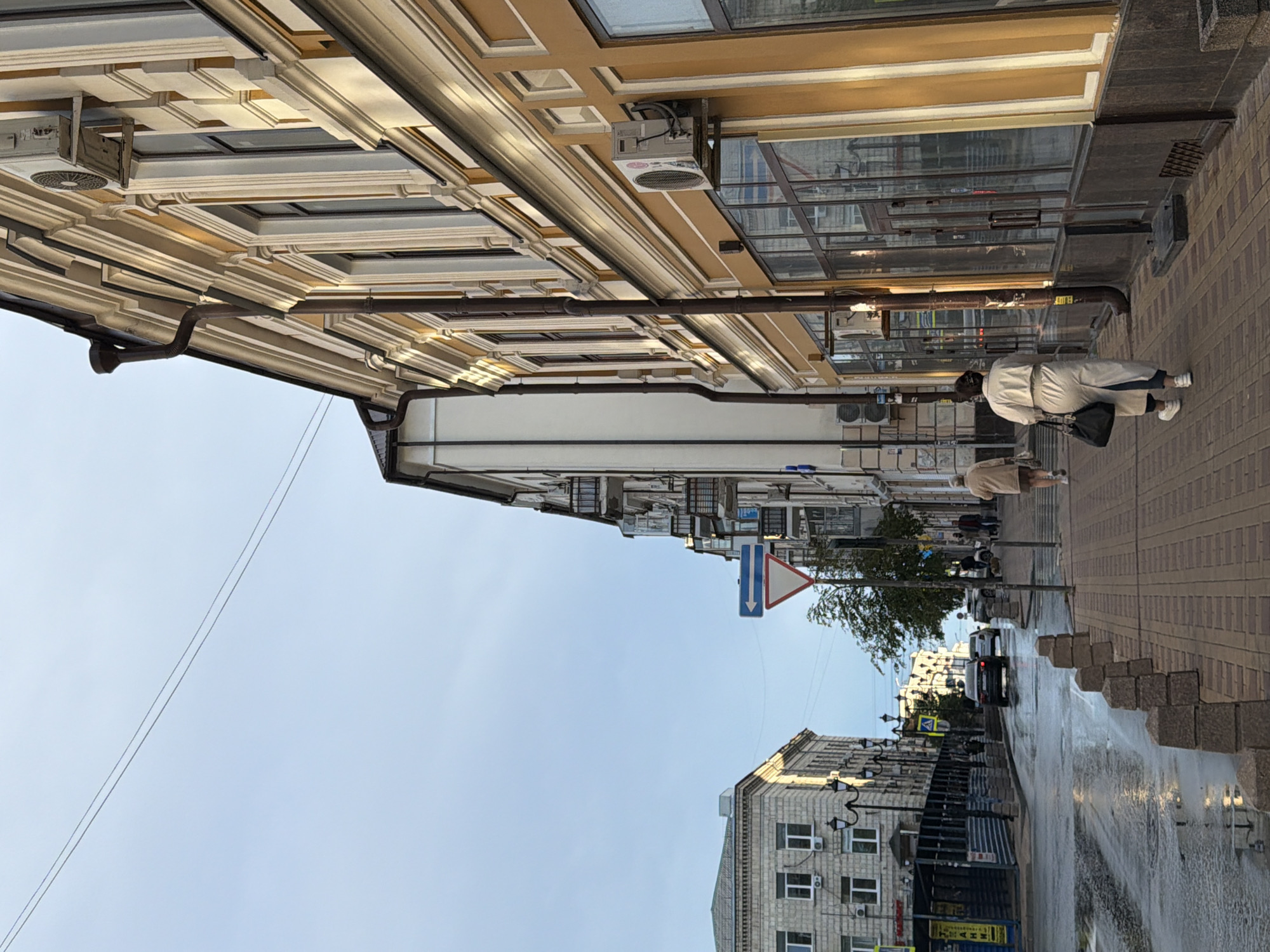 The image captures a street scene in Rostov-on-Don, Russia. The perspective is rotated. Buildings line both sides of the street. One building has ornate beige-colored trim along the top and features multiple windows and air conditioning units. A person is walking on the sidewalk adjacent to this building. The opposite side of the street features a building with grey stone and symmetrical window placement. A street sign is visible between the two buildings. In the distance, cars are driving on the street. The sky is pale blue. The sidewalk is paved with bricks.