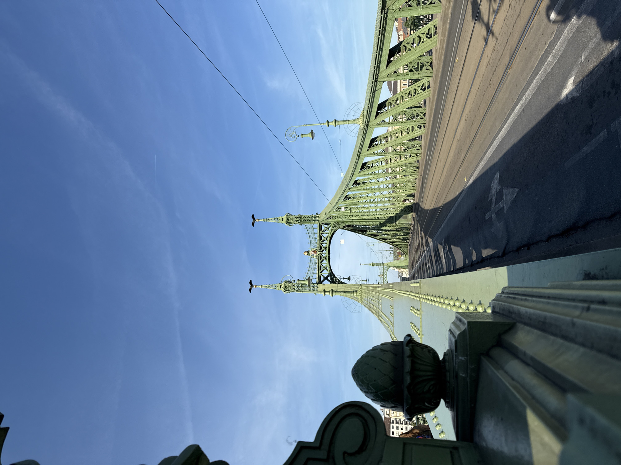 The image depicts the Liberty Bridge in Budapest, Hungary. The bridge is green, with intricate ironwork details and towers adorned with turul birds. A road surface stretches across the bridge, and overhead tram lines are visible. The sky is clear blue with faint clouds. The photo is taken from a low angle on the bridge. Architectural elements are at the forefront. Buildings are in the distance. There are no people visible.
