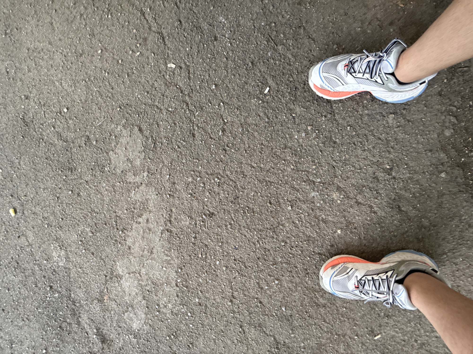 The image shows a person's legs and feet wearing athletic shoes standing on a textured, gray asphalt surface. The shoes are white with blue and orange accents, and feature white laces. One shoe is positioned in the upper right quadrant of the image, and the other is in the lower right quadrant, suggesting the person is standing still or has just stopped. The asphalt appears to be outdoors, with small pebbles and irregularities visible, indicative of a road or pathway. The lighting suggests it is daytime. The scene is devoid of any specific landmarks that would pinpoint the exact location within Stara Zagora, Bulgaria, beyond the general impression of an urban or suburban environment. No text is visible in the image. The focus is on the footwear and the ground, providing a close-up view of these elements.