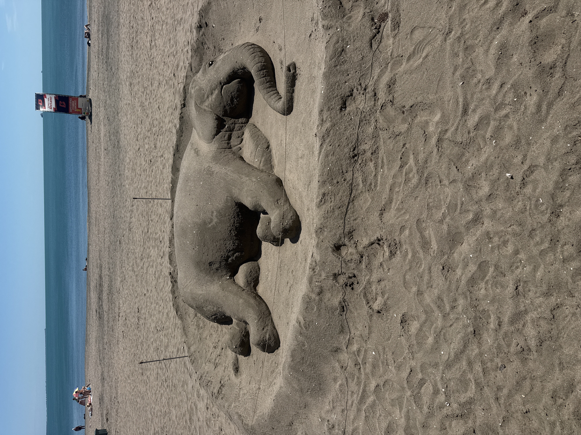 A sand sculpture of an elephant lies on a beach in Burgas, Bulgaria. The elephant is constructed from fine, gray sand and is depicted lying on its side. The sculpture is bordered by two thin, vertical sticks and thin strands of wire are visible across the sculpture. The beach stretches out towards the sea, with people visible in the distance near the water and a tall advertisement sign is on the beach in the distance. The sky is clear and light blue. The surrounding sand shows footprints and marks.