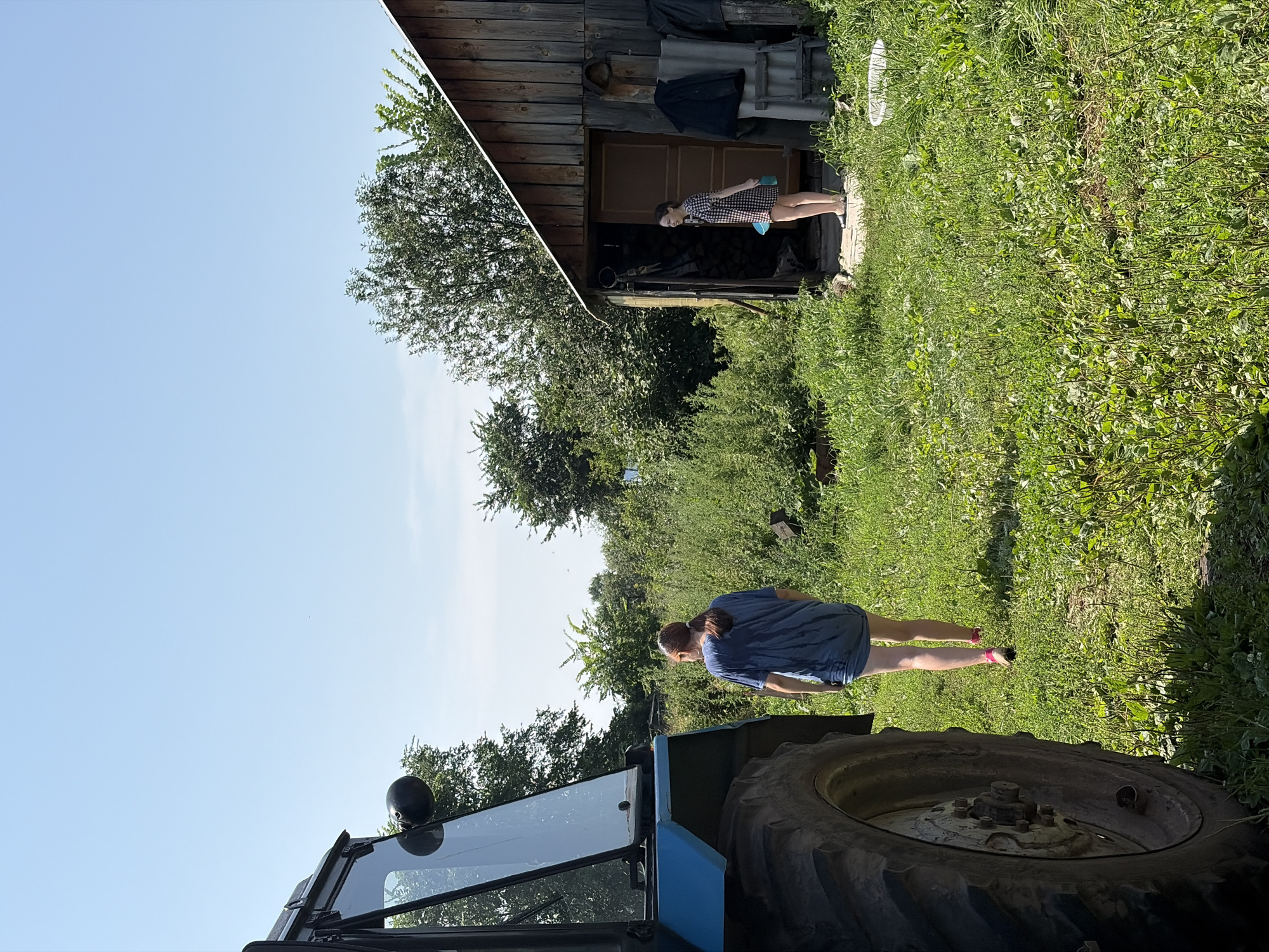 The image depicts a rural outdoor scene, likely in the village of Kemul, Russia, on a clear day with a bright blue sky. In the foreground on the left, a large, blue tractor is partially visible, with its massive tire and part of its cabin taking up a significant portion of the frame. The tractor appears to be parked on a dirt path or clearing.
A young woman with reddish-brown hair tied back is walking away from the tractor and towards the center of the image. She is wearing a dark blue t-shirt and denim shorts, with her back to the camera. Her legs are bare, and she appears to be wearing pink sandals or flip-flops.
Further into the scene, on the right, is a rustic wooden shed with a sloped roof. The shed has an open doorway, revealing stacked wood or materials inside. Standing in the doorway of the shed is another young woman. She is wearing a black and white checkered dress and appears to be holding a light blue object in her left hand. She is looking towards the left, seemingly interacting with the first woman. Several items are hanging on the exterior of the shed, including dark clothing and what looks like a corrugated roof panel.
The environment surrounding the tractor and shed is lush and green, with tall grass and various types of vegetation covering the ground. Trees with dense green foliage are visible in the background, behind the shed and further into the distance. The overall impression is one of a rural, possibly agricultural, setting.