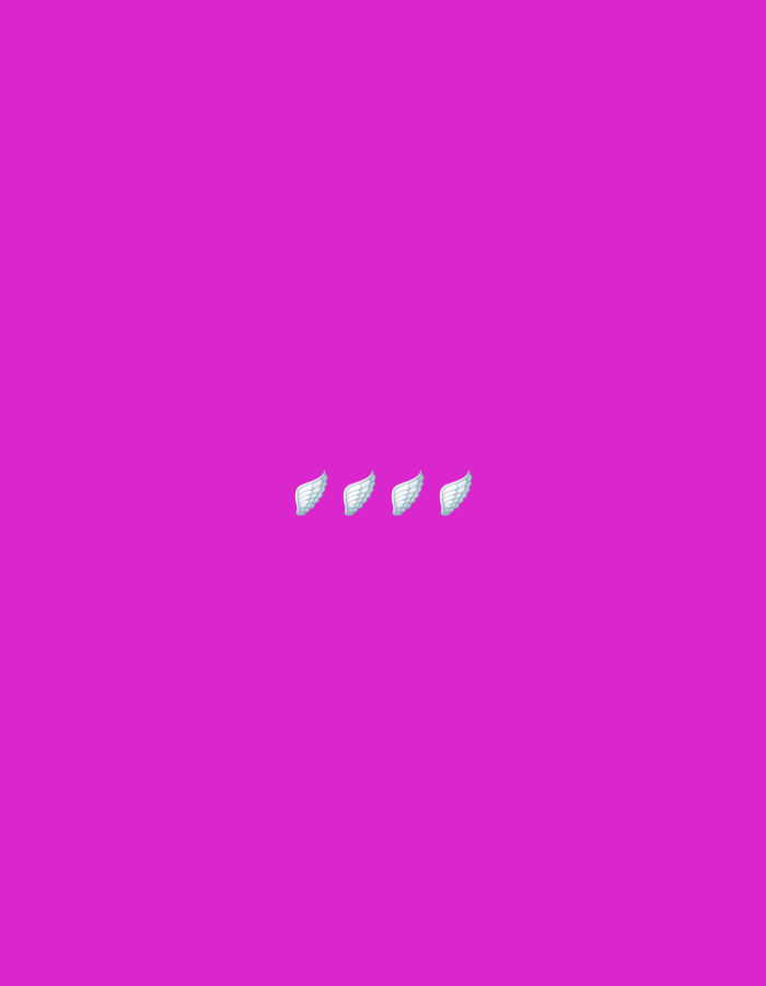 The image is a plain pink background with four white wing emojis in the center. There is no recognizable city, location, or environment depicted.