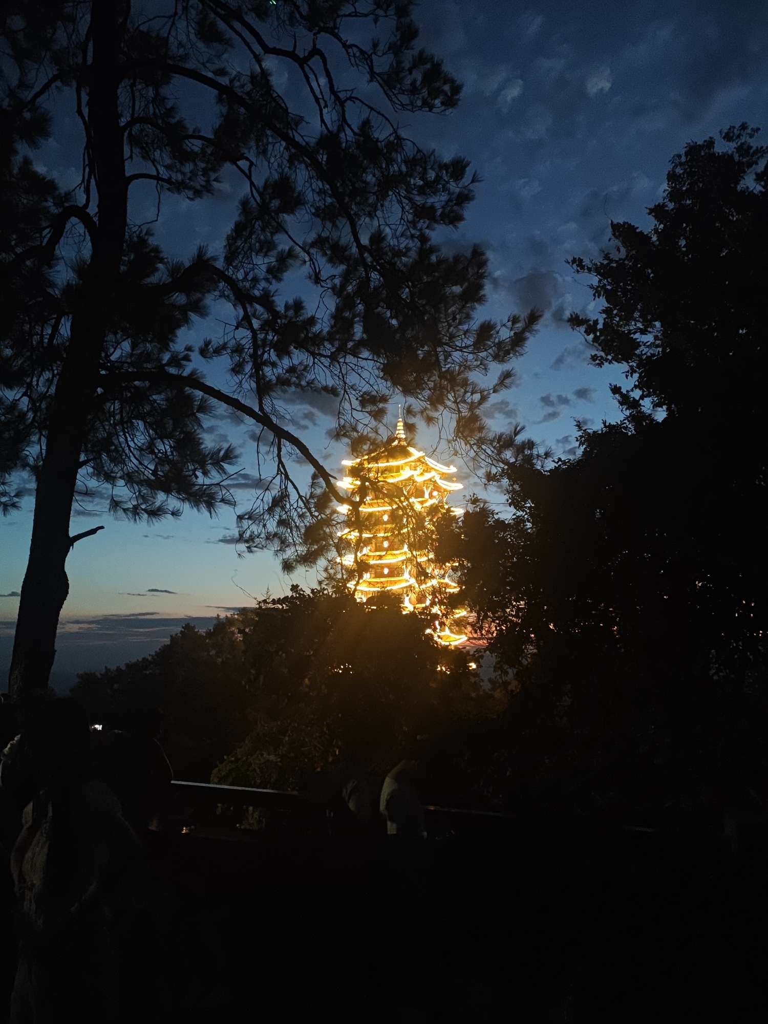 The image shows a multi-tiered pagoda illuminated with yellow lights, viewed through the silhouettes of trees and foliage against a twilight sky. The sky is a deep blue with scattered clouds. In the foreground, silhouetted figures are visible, some appearing to be taking pictures. The overall scene suggests a nighttime or dusk setting. The location is identified as the Buddhist Pagoda in the city of Chengjiang, China, a notable landmark.