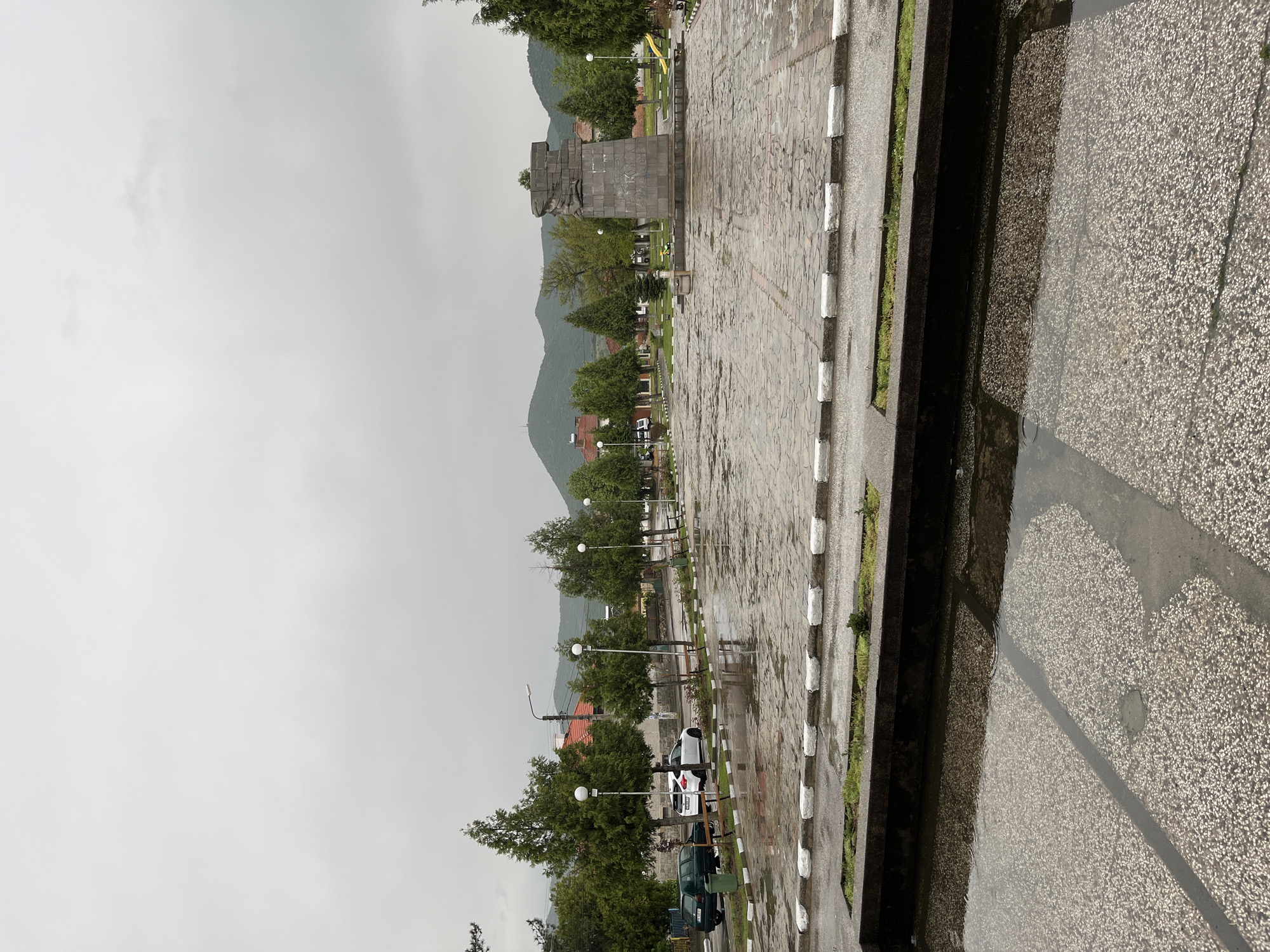 The image captures a cloudy day in Voiniagovo, Bulgaria, featuring a stone-paved public space. A monument of a man stands at the center of the square, framed by trees and mountains in the background. Street lamps line the walkway, and parked vehicles are visible near the trees. The foreground shows a concrete structure filled with water reflecting the surrounding environment.