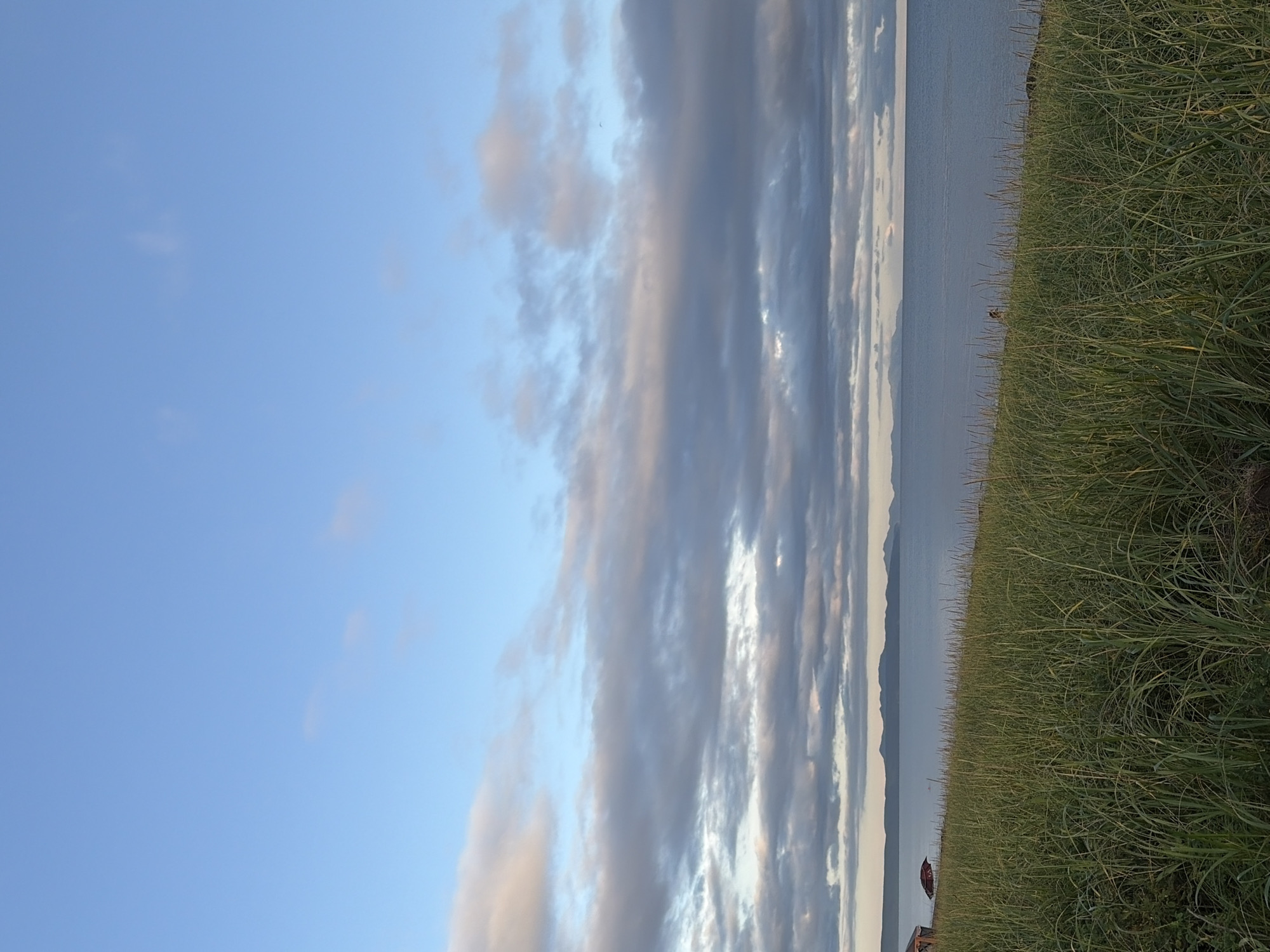 The image depicts a tranquil natural scene. In the foreground, tall green grass occupies the lower half of the frame, swaying gently. Beyond the grass, a vast body of calm water stretches to the horizon. In the distance, a line of low, hazy mountains is visible against the backdrop of a pale blue sky dotted with scattered clouds, some tinged with pinkish hues. On the left side of the image, near the shoreline, a red umbrella and a small structure are partially visible amidst the grass. Further to the right along the coastline, a solitary figure can be seen standing near the water's edge. The overall atmosphere is serene and indicative of a coastal landscape.