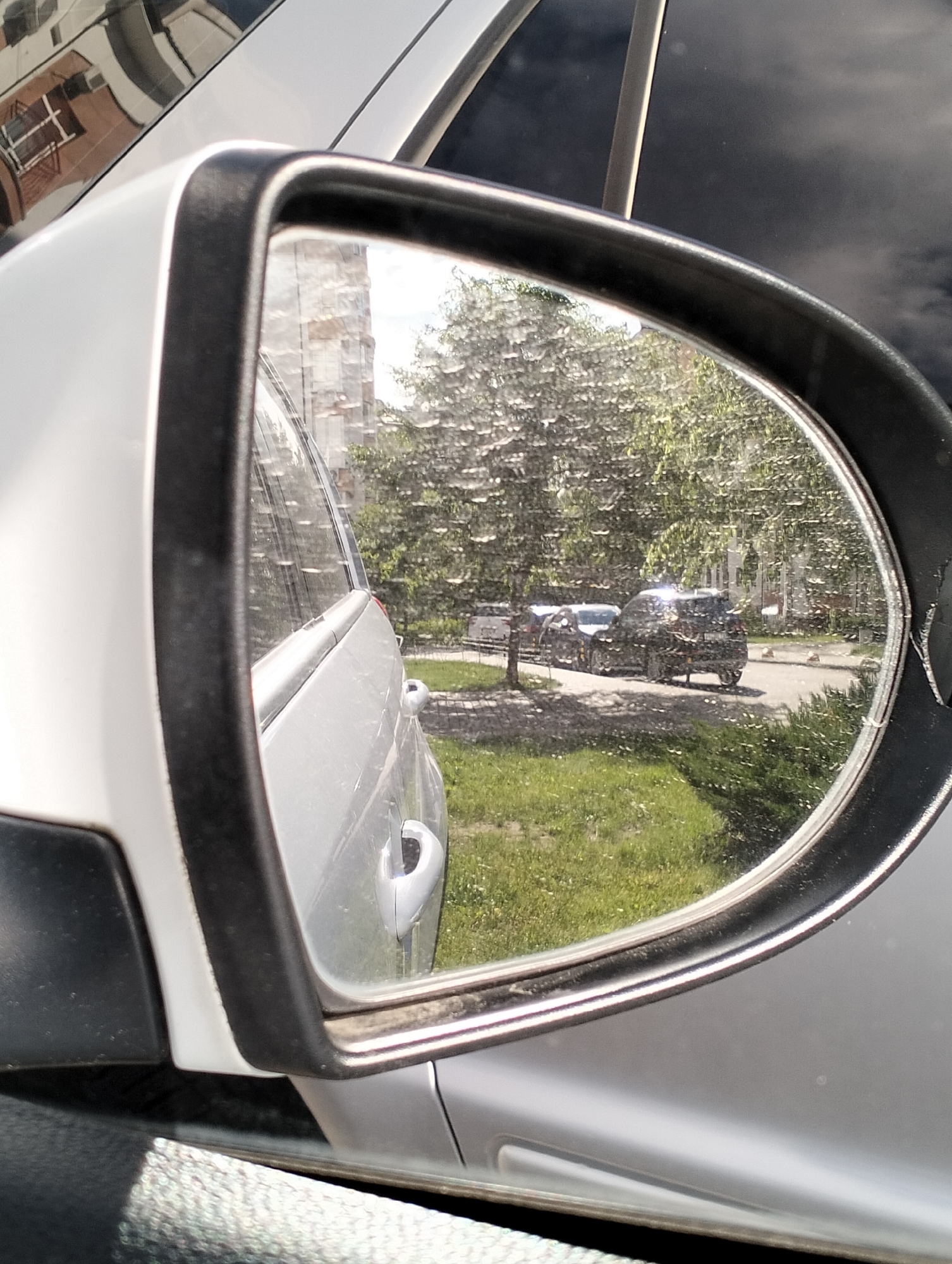 The image depicts a side mirror of a white car, reflecting a street scene. In the reflection, there are trees, a grassy area, a road, and several parked cars. A light-colored building is also visible in the background. The street is in Krykhivtsi, Ukraine. The mirror appears slightly dirty or water-spotted.