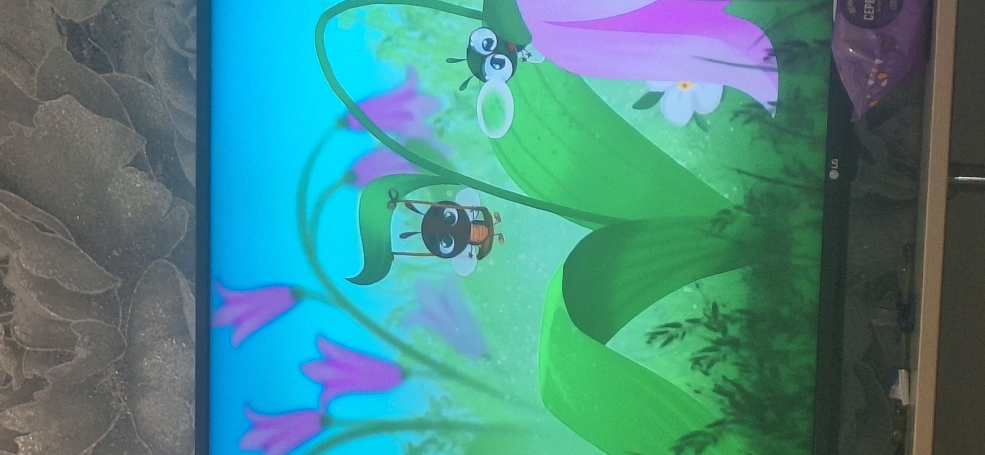 The image shows a television screen displaying an animated scene. In the foreground, on the left, a cartoon insect with large eyes and wings is hanging from a leaf by a string. On the right, another cartoon insect with large eyes is looking through a ring. Both insects are brown and black with orange stripes. They are positioned in a vibrant green environment with large, curved leaves. In the background, there are blurred purple bell-shaped flowers against a bright blue sky. The bottom of the television screen is visible, with an "LG" logo. Below the television, a shelf is visible with some objects, including a purple bag with text on it. The overall scene is colorful and whimsical, suggesting it is from a children's cartoon. The location of Bila Tserkva, Ukraine is not depicted or suggested by any elements within the image.