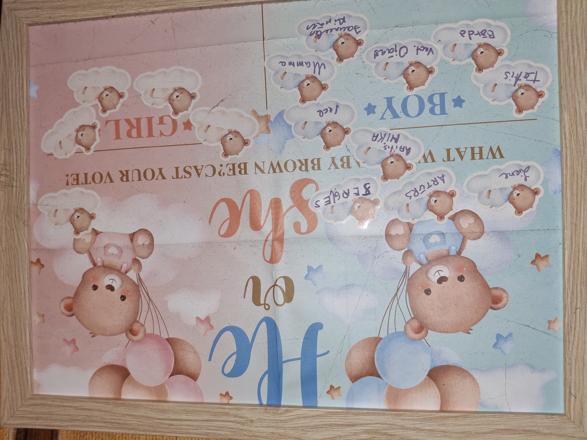 This is a horizontal, close-up, medium shot of a gender reveal board. The board is divided vertically into two halves: pink on the left and blue on the right. The left side, designated for "GIRL," features pastel pink clouds and stars, along with an illustration of a teddy bear holding pink and peach balloons. The right side, designated for "BOY," has light blue clouds and stars, with a teddy bear holding blue and peach balloons.
The board is adorned with small illustrations of teddy bears peeking out from clouds, each with a name written above it. The names appear to be a mix of Latvian and possibly other European languages. Examples include "Ainārs", "Jauneutin", "Mamma", "Sergles", "Artūrs", "Liene", "Tatis", "Vect. Ojārs", and "Bārda".
Large cursive text is overlaid on the board. On the pink side, the word "she" is written in large, orange-pink letters. On the blue side, the word "He" is written in large, blue letters. The word "or" connects the two.
Below the "GIRL" section, text reads "? CAST YOUR VOTE!". Below the "BOY" section, text reads "WHAT WA".
The overall tone is celebratory and playful, suggesting a baby shower or gender reveal party. The wooden frame of the board is visible around the edges. The lighting is even, indicating an indoor setting. The image is in focus, and the colors are vibrant. The context provided indicates the image is from Ogre, Latvia.