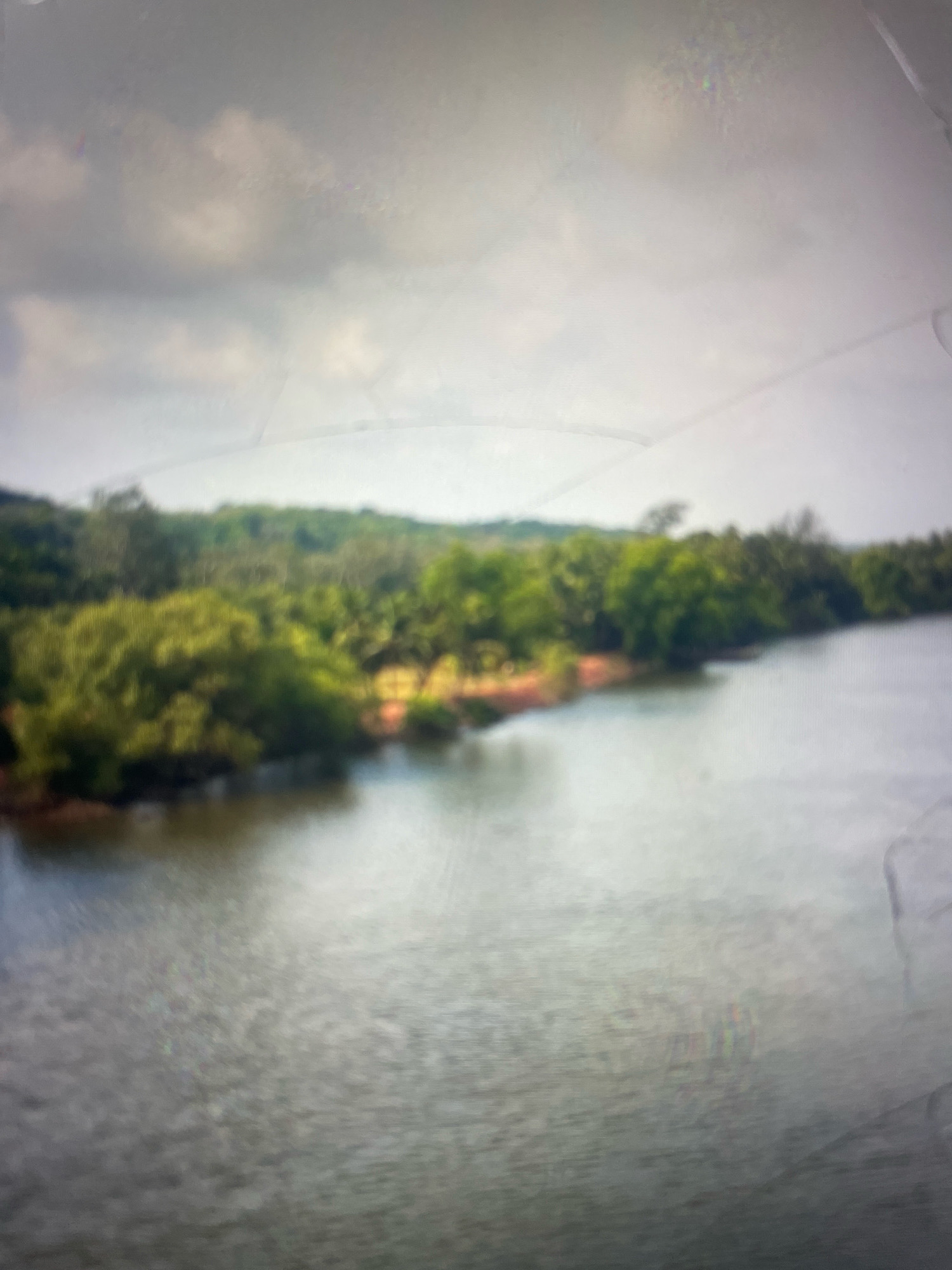 The image shows a body of water in front of a lush green landscape. The water is calm and reflects the sky, which is overcast with clouds. The landscape consists of dense vegetation, including trees and bushes, with a hint of reddish-brown earth peeking through in some areas along the bank. The scene appears to be a natural or semi-natural environment, possibly a river or a large pond. The overall impression is one of tranquility and natural beauty. Without additional context or sharper detail, it is impossible to pinpoint the exact location within Kulgaon Badlapur, India.