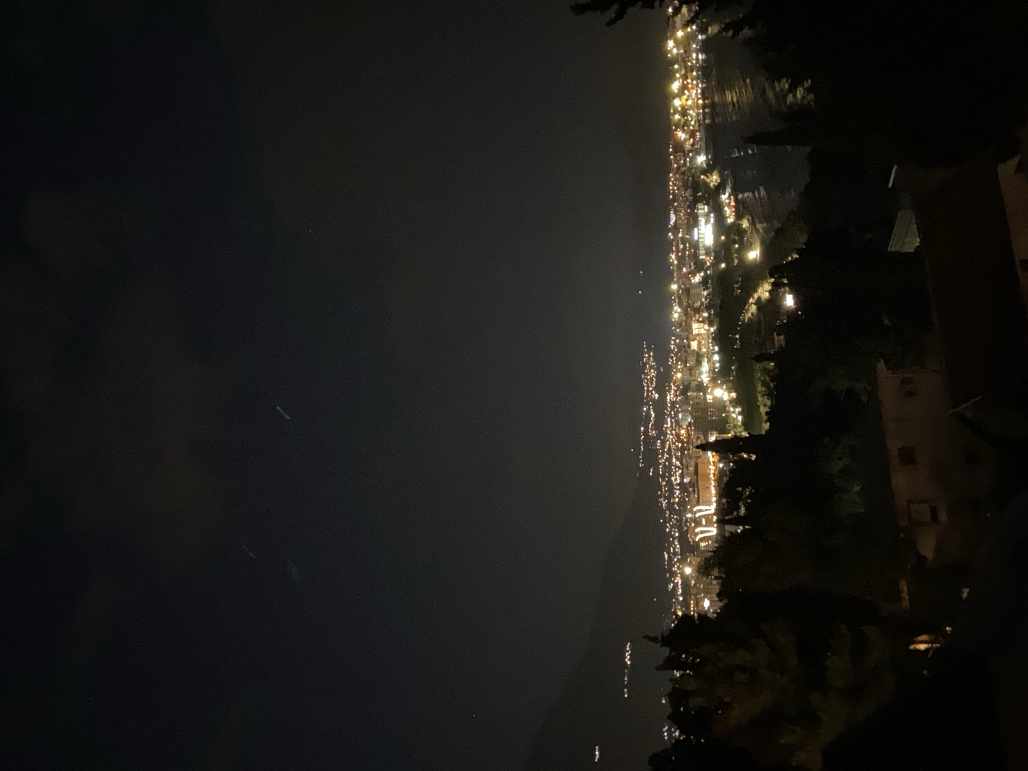 The image shows a night view from an elevated position in Šušanj, Montenegro. In the distance, there are city lights stretching along the coastline and reflecting on the water. The dark sky occupies most of the frame. In the foreground, there are silhouetted trees and part of a building. The image has a dark tone, highlighting the contrast between the city lights and the night. The angle of the photo is sideways and slightly blurry.