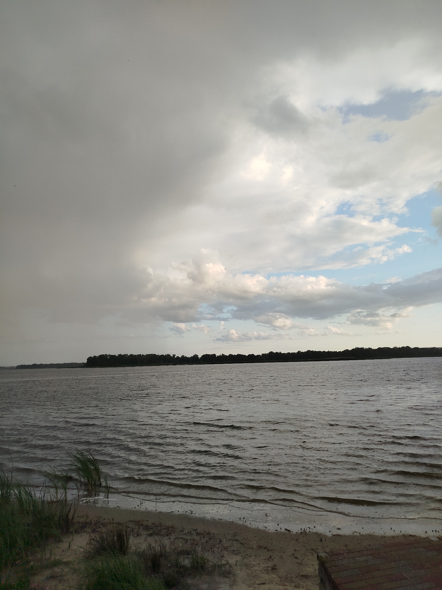 The image depicts a wide body of water, likely a river or lake, with a distant treeline on the horizon. The sky above is filled with dramatic clouds, some dark and stormy, others lighter with patches of blue sky visible. The water's surface is rippled, suggesting a gentle breeze. The foreground shows a sandy shore with sparse green vegetation, including tall grasses. A small section of what appears to be a paved surface, possibly part of a dock or walkway, is visible in the lower right corner. The scene suggests an outdoor, natural environment. Without further information or specific landmarks, it is not possible to pinpoint the exact location within Horishni Plavni, Ukraine. There are no people or discernible actions taking place in the image.