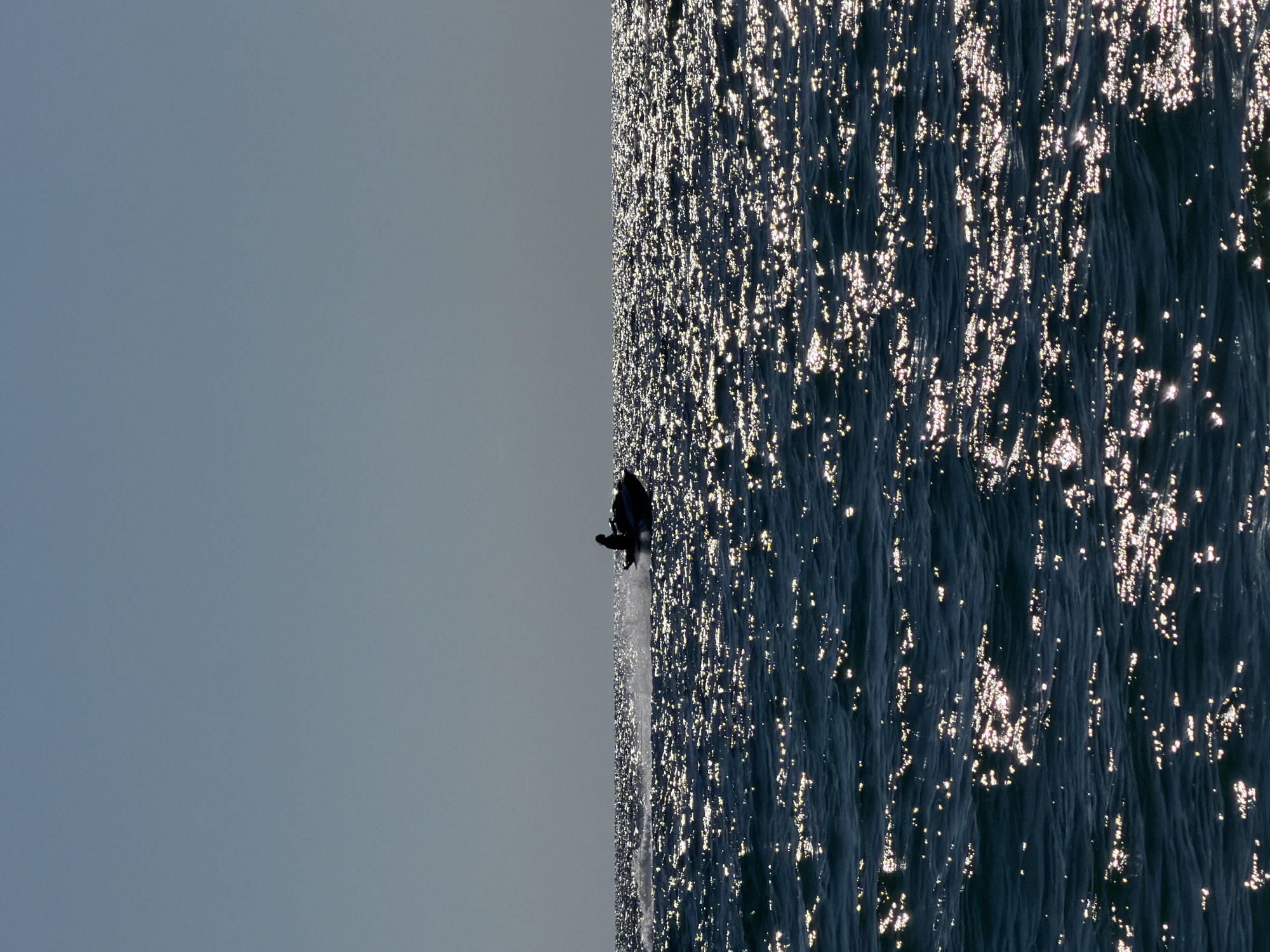 An adult is silhouetted on a jet ski as it speeds across the dark blue water of the sea, leaving a spray of white foam in its wake. The water is choppy and glints with bright reflections of sunlight. The sky above is a pale, clear blue, extending to the horizon. The scene is set against the backdrop of an unobstructed, open body of water, typical of the Sochi coastline in Russia.