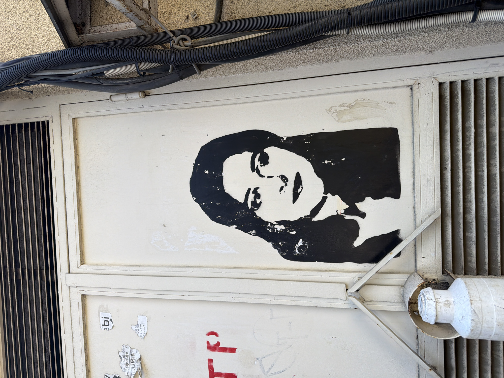 The image captures a black and white stencil portrait painted on a white metal door or panel. The portrait is a headshot of a person with dark hair and a distinctive facial expression. The painting style is minimalist, with solid black areas defining features like the hair and shadows. The white areas represent the face and lighter parts of the portrait.
The door or panel has a visible frame and is attached to another section with vertical bars, possibly a ventilation system or gate. Below the portrait, there are remnants of stickers and a red painted inscription, partly obscured.
Above the door, there is a cluster of black corrugated pipes or tubes running horizontally. The location can be determined from the inscription, "tbilisi.ge" which suggests that this scene is located in the city of Tbilisi, Georgia.
A white pipe or conduit with a support structure is visible near the lower right corner of the panel. The overall impression is one of urban street art or graffiti in a utility setting.