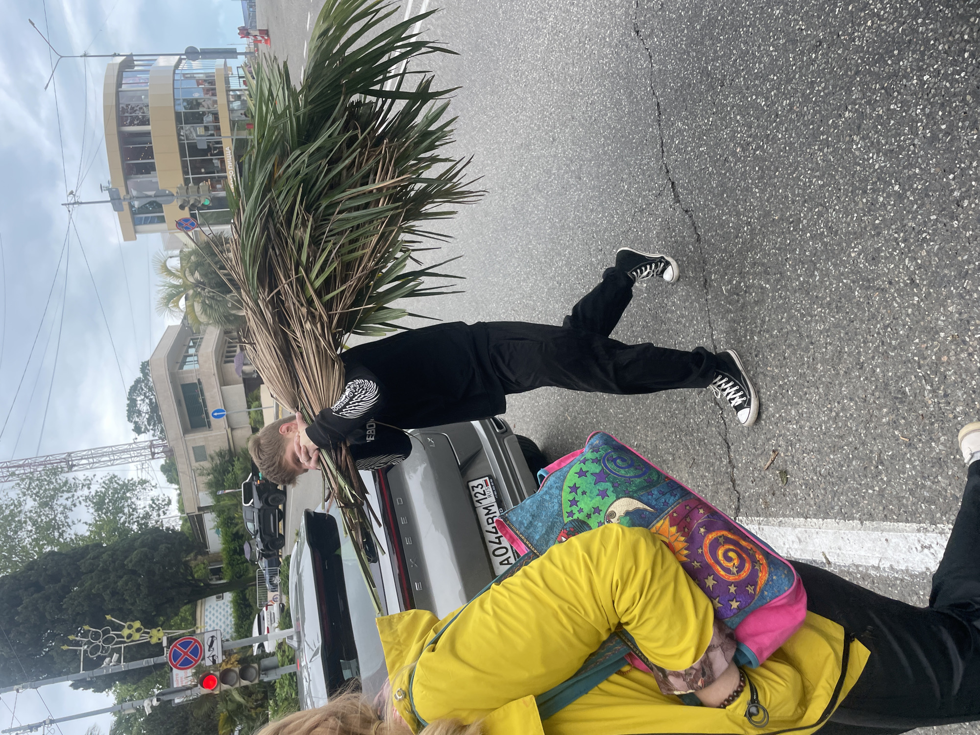The photograph shows a street scene in what appears to be the city of Sochi, Russia. The background includes buildings with visible storefronts, traffic lights with a red signal, street signs, and typical urban vegetation like trees and palm trees. A silver SUV with a visible Russian license plate "A044PM 123" is parked on the road.
Two people are present. One person is carrying a bundle of palm leaves, covering their face. The other person is wearing a yellow jacket and carrying a colorful, patterned bag. The photograph is taken at ground level on the side of the road, with the individuals and SUV taking up most of the frame. The weather seems cloudy.