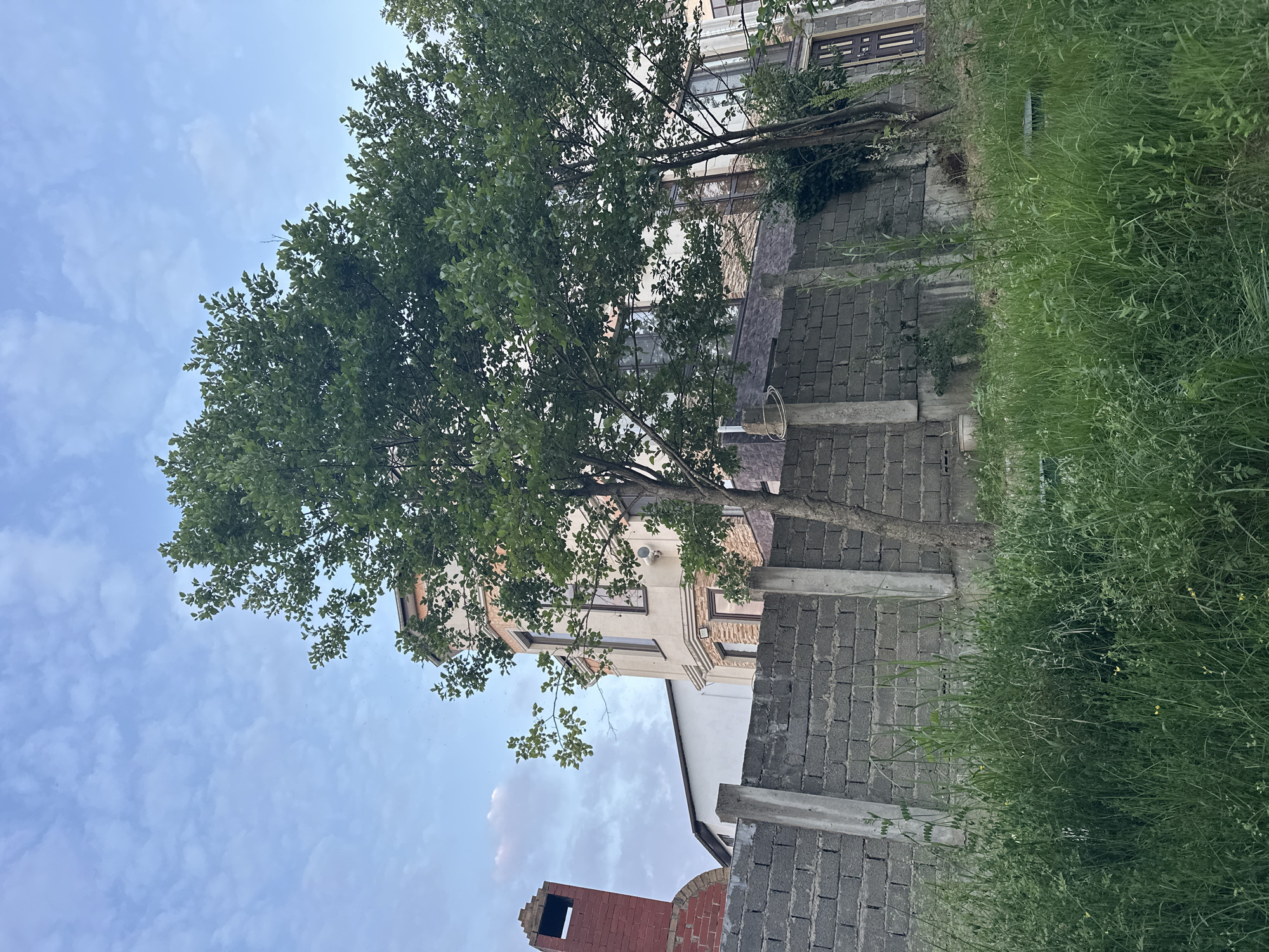 The image captures a suburban scene with a multi-story building constructed with a combination of light-colored plaster and stone accents, featuring large windows. In the foreground, a gray cinder block wall with concrete posts runs horizontally across the frame, separating the viewer from the property. Lush green grass and weeds grow tall in front of the wall. Behind the wall, two mature trees with dense green foliage are prominent, with their branches extending towards the sky. To the left of the building, a red brick chimney with a square opening at the top is visible. The sky above is a soft blue with scattered white clouds. The overall impression is of a residential area under a partially cloudy sky. This scene is located in Verkhniy Yurt, Russia.