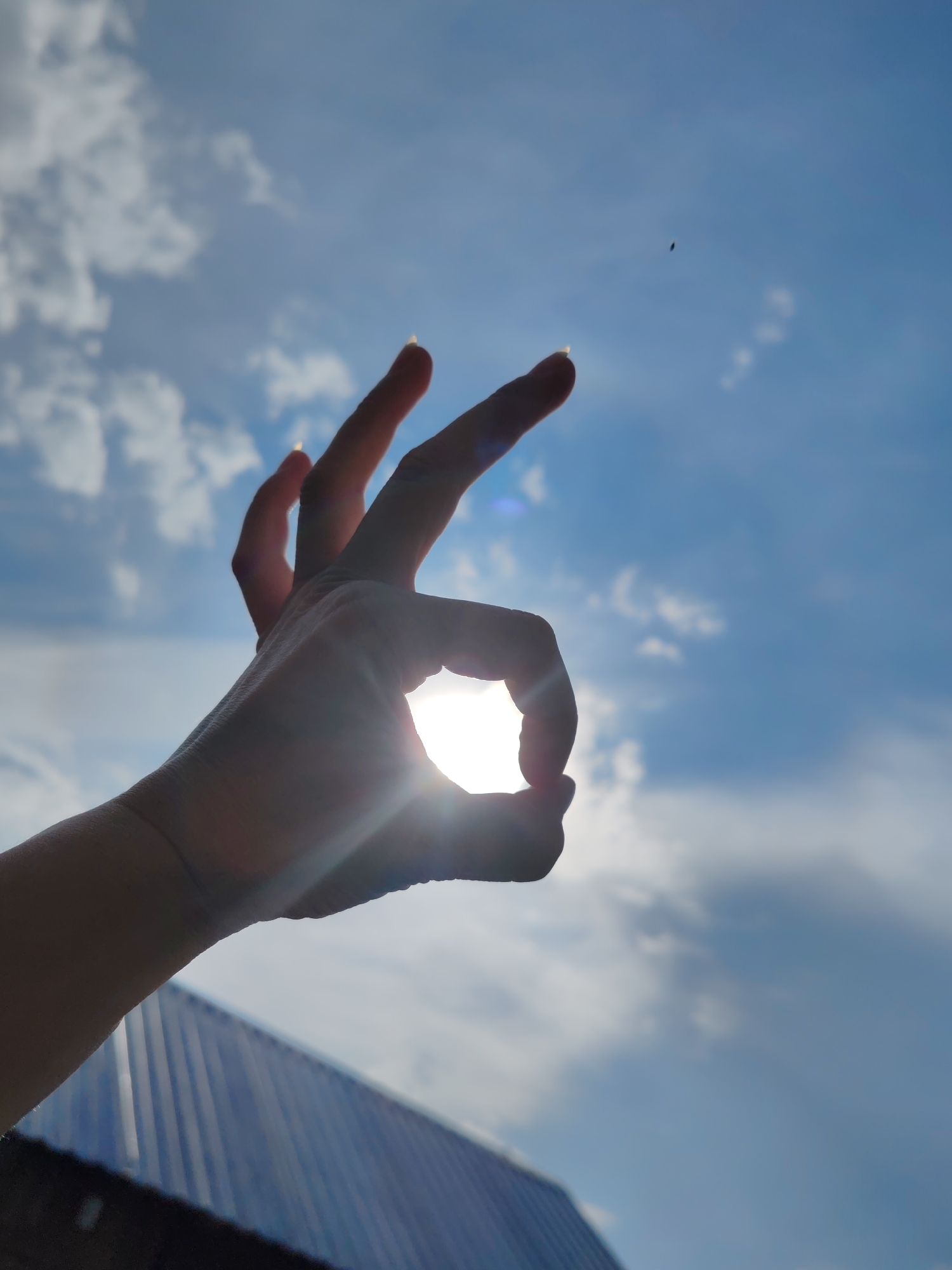 A low-angle shot captures a human hand forming the "OK" gesture against a bright blue sky with scattered white clouds. The sun is positioned directly behind the hand, creating a lens flare effect and silhouetting the fingers. The thumb and index finger form a circle, while the other fingers are extended upwards. In the background, a portion of a dark, corrugated metal roof is visible, angled diagonally across the lower left of the frame. A small, dark object, possibly an insect or a speck of dust, is visible in the sky to the upper right of the hand. The image appears to be taken outdoors on a sunny day, with no specific urban landmarks identifiable beyond the generic roof structure. There is no information in the image to place it in Чухлэм, Russia.