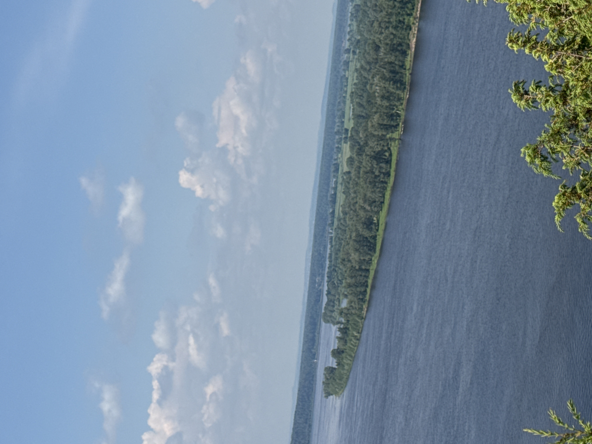 The image shows a wide, calm river flowing through a lush green landscape under a bright blue sky with scattered white clouds. In the foreground, the dark blue water takes up the bottom half of the frame, with the tips of some green foliage visible at the very bottom edge. A long, tree-covered peninsula juts out into the river from the left side, with more dense forest and greenery stretching across the distant horizon. The scene is serene and natural, suggesting a rural or semi-natural environment. This view is consistent with the geography of the Ольховка, Russia area, which is known for its rivers and surrounding forests.