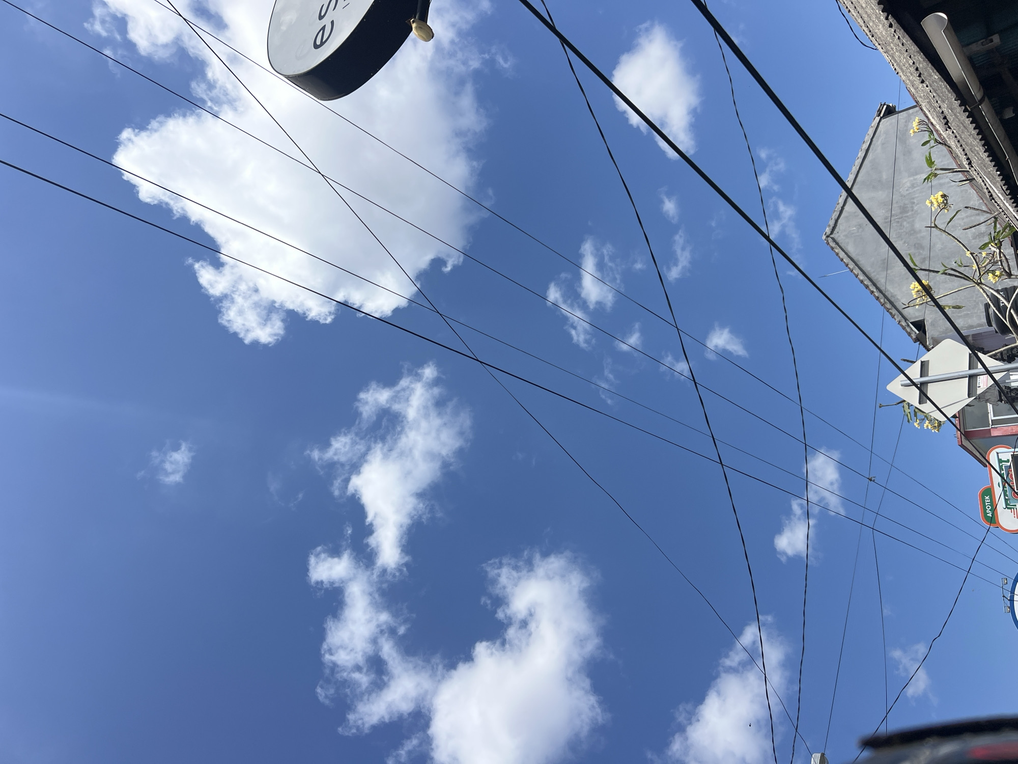 A low-angle, full outdoor shot captures a bright blue sky dotted with fluffy white clouds above a street scene in Denpasar, Indonesia. A dense network of black electrical wires crisscrosses the sky, creating a stark geometric pattern against the natural backdrop. In the upper right corner, a circular black sign with white lettering, possibly an advertisement, is partially visible. Below, the rooftops of several buildings are visible, including a gray, modern-looking structure and another with a corrugated, weathered roof. A small tree with yellow flowers blooms in the foreground, adding a touch of nature to the urban landscape. Signs for "APOTEK" (pharmacy) and other businesses are visible at street level, indicating a commercial area. The sun appears to be high in the sky, casting a bright light and creating a slight lens flare in the upper left portion of the image. No people are visible in the frame.