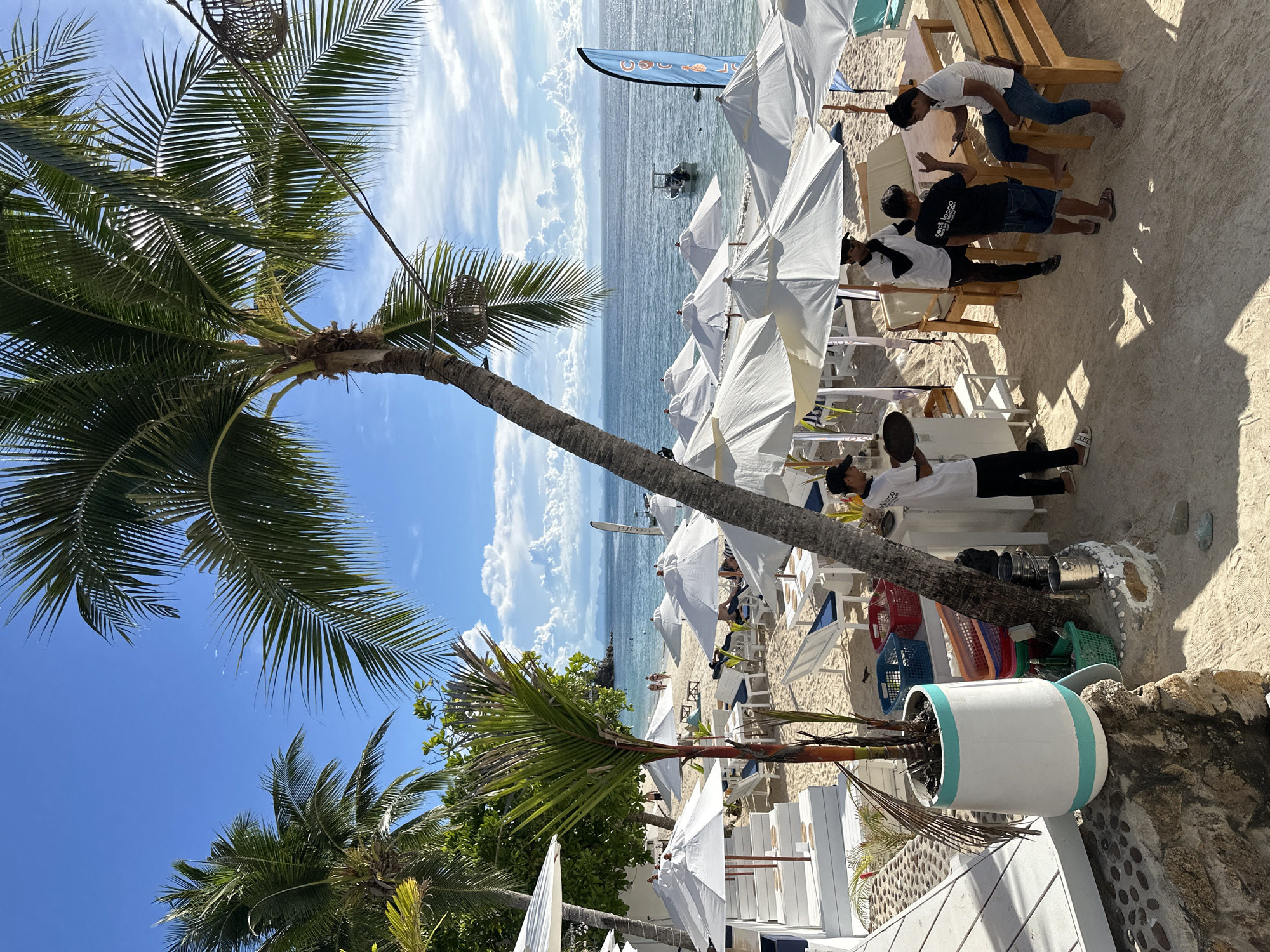 This is a photograph of a beach scene in Koh Phangan, Thailand. The image is oriented vertically. In the foreground, a large palm tree extends from the left side of the frame, its fronds reaching towards the sky. To the right, a sandy beach is dotted with numerous white umbrellas providing shade. Several lounge chairs are visible beneath the umbrellas.
Several people are present on the beach. In the middle ground, a group of individuals appear to be working at the beachside establishment, possibly setting up or serving. One person is wearing a white shirt and black pants, carrying a black tray. Another person, also in a white shirt, is seen interacting with someone seated on a lounge chair. Further back, closer to the water, a few individuals are seen walking or relaxing on the beach.
The sea is calm and a light blue, with some clouds in the sky creating a bright, sunny atmosphere. A small boat is visible in the water. The overall setting suggests a tropical beach resort or a beach cafe. The time of day appears to be daytime, with ample sunlight casting shadows on the sand. The weather seems pleasant and sunny.
One notable detail is a blue flag with a graphic of a fish and a turtle, possibly indicating a water sport activity or a local environmental initiative. There is also some text visible on a black t-shirt worn by one of the individuals, appearing to read "CECS TOCCIO".