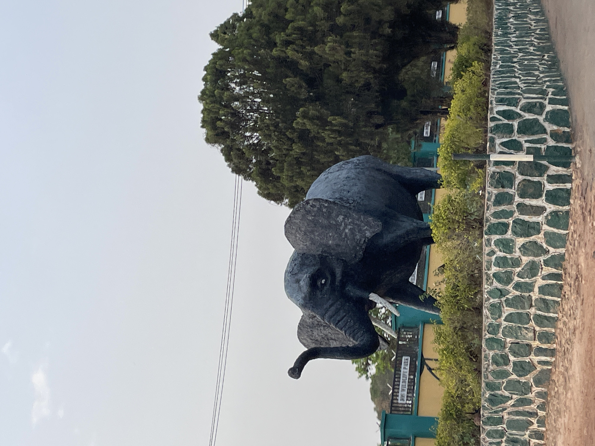 The image shows a statue of an elephant positioned near the entrance to Jos Wildlife Park in Jos, Nigeria. The statue is dark grey and stands on a patch of grass. Behind the statue is a large tree. A stone wall borders the scene on the right side. Buildings are visible in the background. The sky is overcast.