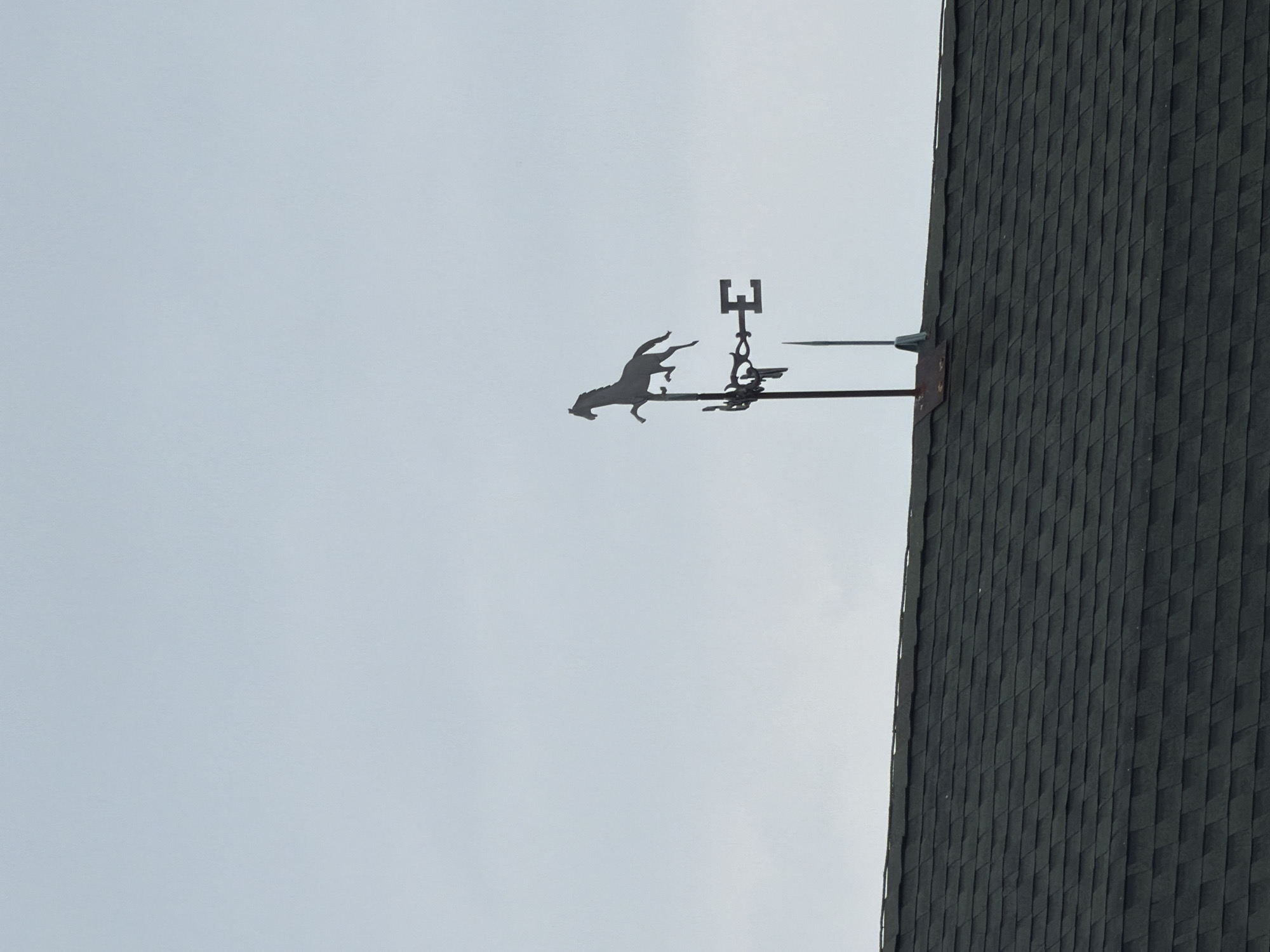 A silhouette of a horse weathervane is visible against a pale blue sky, positioned atop a dark green asphalt shingle roof. The weathervane is mounted on a pole with directional indicators, including an "E" for east. A thin, pointed object, possibly an antenna, extends downwards from the weathervane's mounting. The roof appears to be part of a building structure located in Mattituck, United States of America.