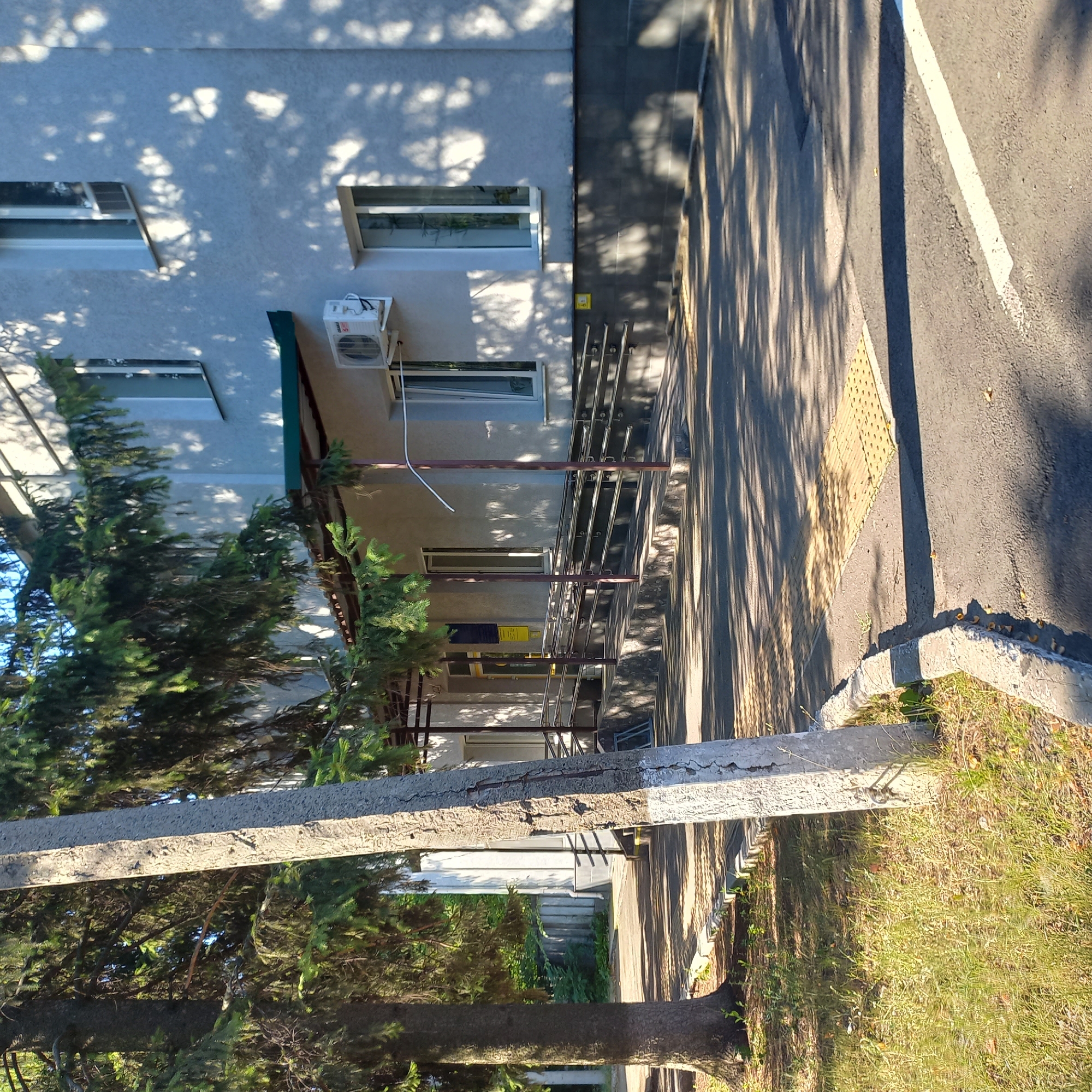 The image shows the exterior of a light-colored, multi-story building with several windows. In front of the building, there is a ramp with metal railings, suggesting accessibility features. The building is flanked by trees, one of which is a large conifer in the foreground. A concrete utility pole, painted with white and grey sections, stands prominently on the left side of the image. The ground in front of the building consists of a paved walkway and an asphalt road, with some patches of grass and weeds. Shadows of trees are cast across the scene, indicating it is daytime. The environment appears to be urban, possibly a public building or institution, situated in Kropyvnytskyi, Ukraine. There are no people visible in the image.