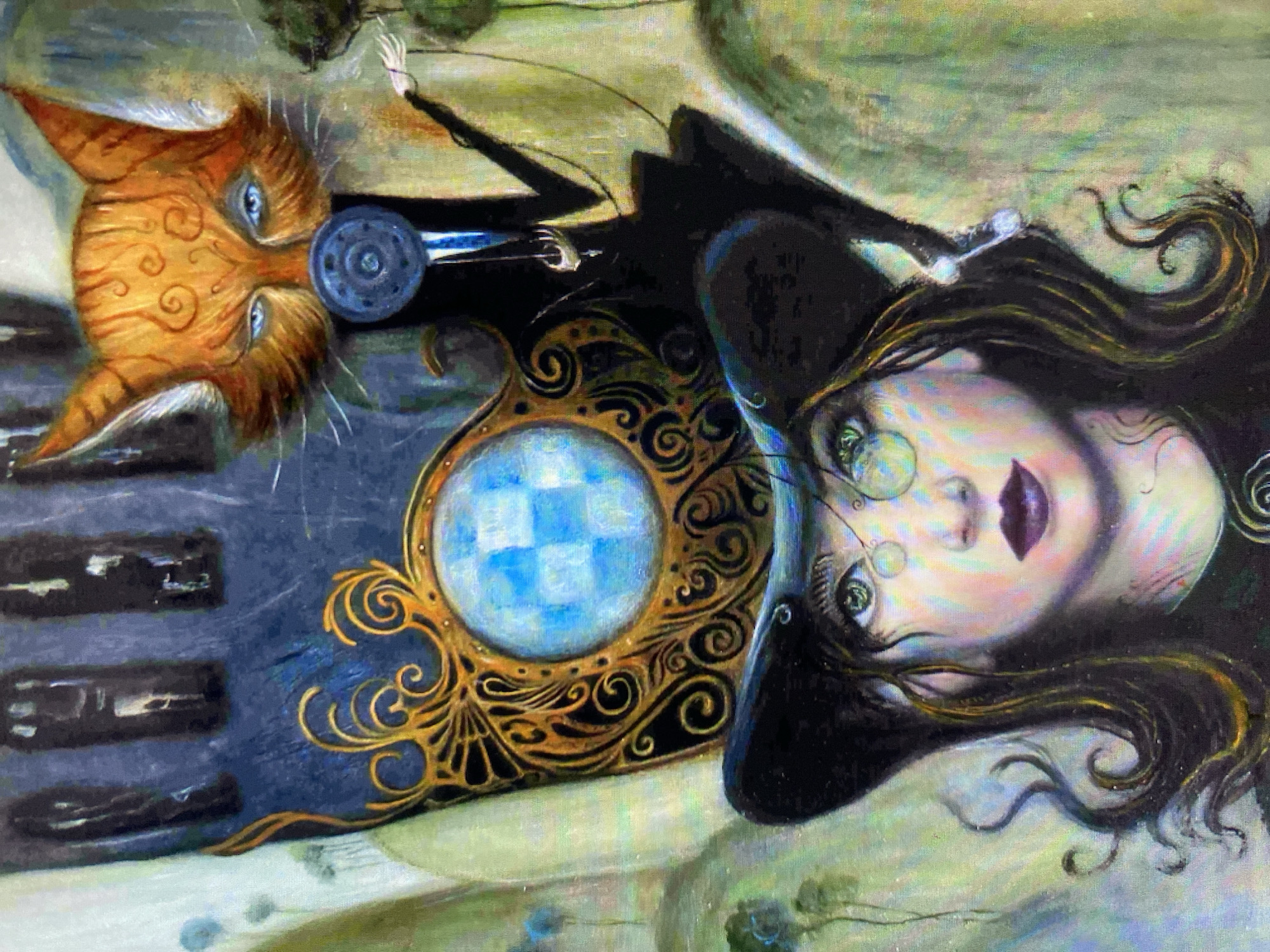 An oil painting depicts a surreal, fantastical scene. A young woman with dark, wavy hair and green eyes wears a large, black top hat adorned with ornate gold and blue embellishments. On top of the hat, a fox-like creature with orange fur and blue eyes wears a dark circular object resembling a boutonniere. The background is a blurry landscape of muted greens and blues, with abstract shapes that suggest a stylized cityscape or natural elements. The overall impression is one of mystery and enchantment.