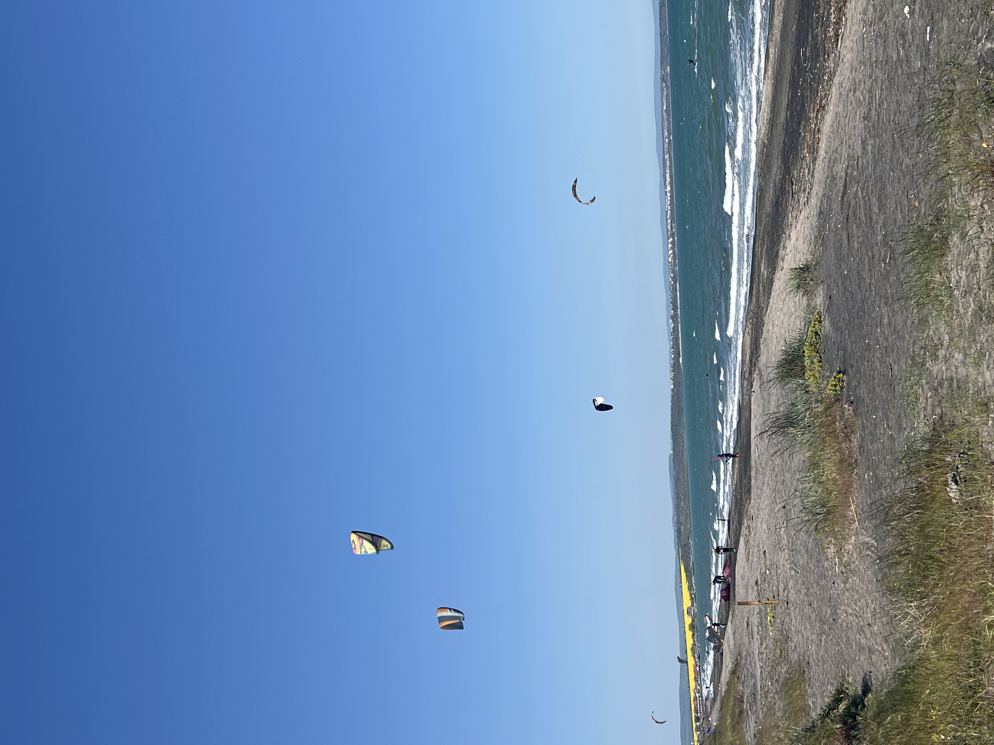 The image shows a beach scene in Burgas, Bulgaria on a sunny day. The sky is clear and blue with several kitesurfing kites visible. The beach is composed of dark sand with some vegetation along the edge. People can be seen on the beach and in the water. Waves are breaking on the shore. The Black Sea is visible extending to the horizon. A line of yellow fencing runs along the edge of the beach.