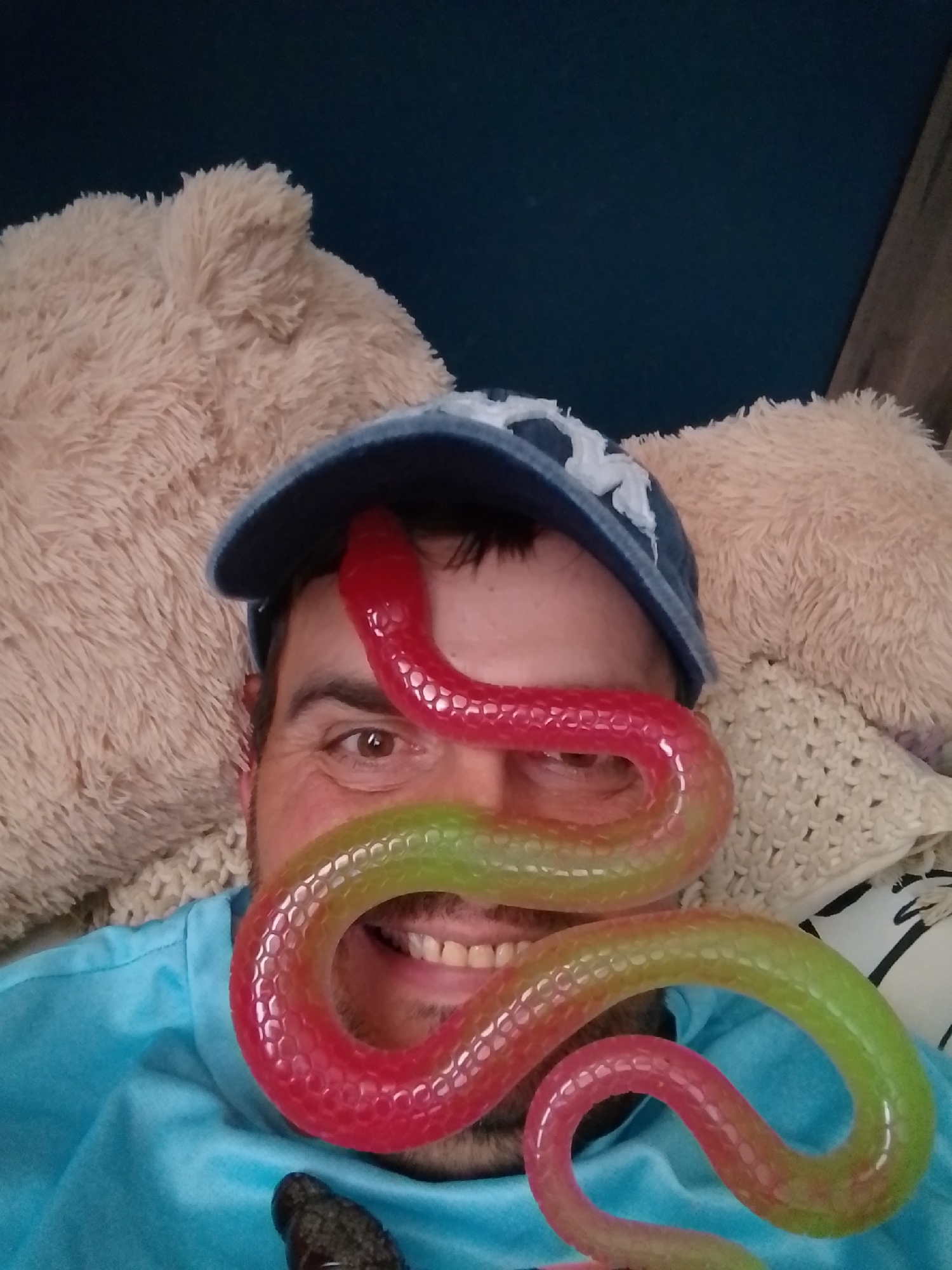 The image shows a person wearing a blue baseball cap with a white emblem and a blue t-shirt. A red and green gummy snake is draped across the person's face and neck. The person is lying down, with a large, fuzzy, beige pillow or stuffed animal behind their head and shoulders. Another patterned pillow or blanket is visible to the right of the gummy snake. The background is a dark blue wall. The image appears to be a selfie taken indoors. There is no information in the image that would indicate a location in Wedel, Germany.