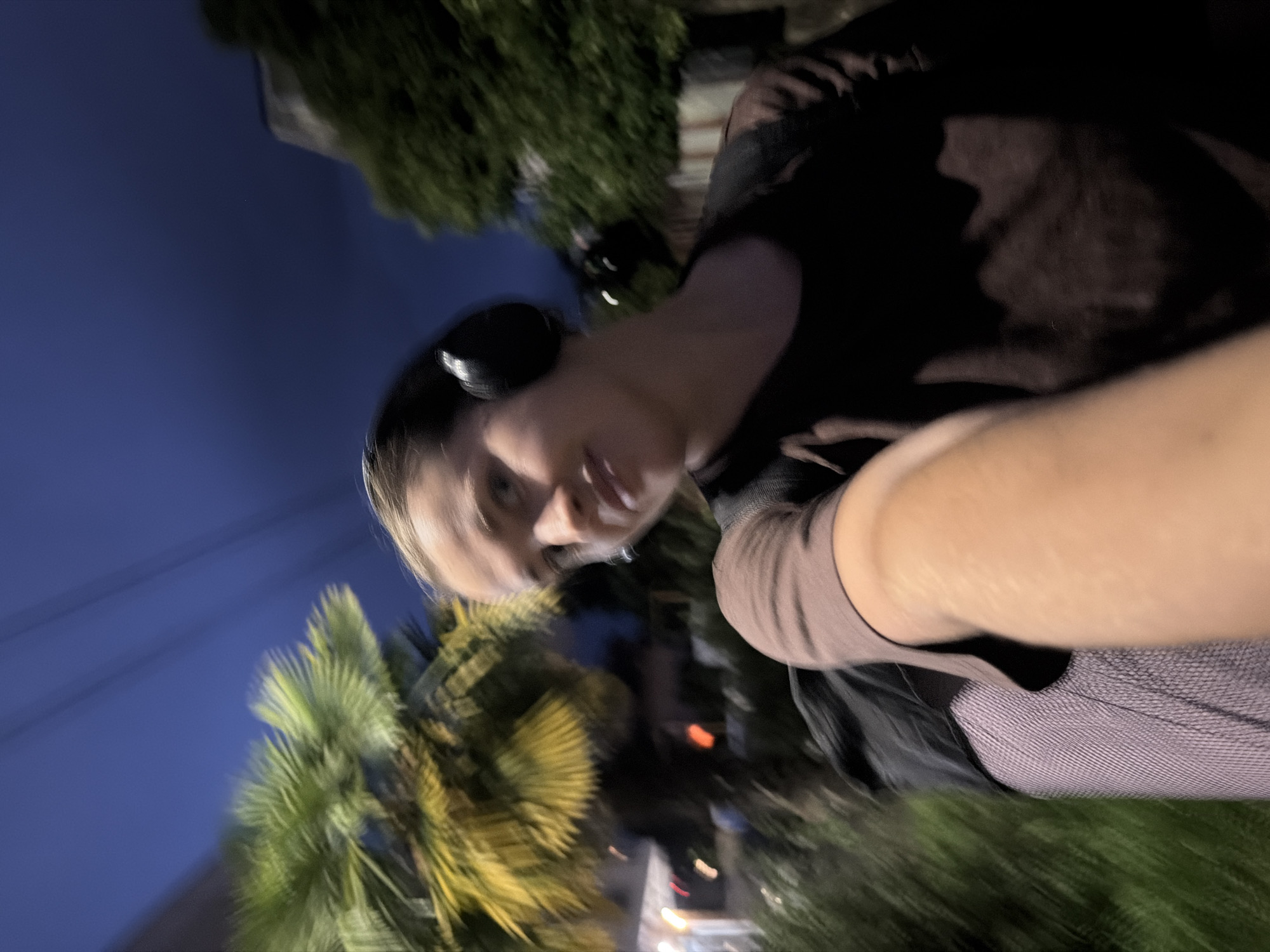 A person wearing black headphones and a brown t-shirt is taking a selfie outdoors at night, with a palm tree and buildings in the background. The sky is a deep blue, indicating twilight or night. The person's face is partially illuminated and they are looking slightly off-camera. The image is slightly blurred, suggesting movement. The environment appears to be a street or a park in a city. The reference to Sochi, Russia, does not provide any specific visual cues within the image itself.