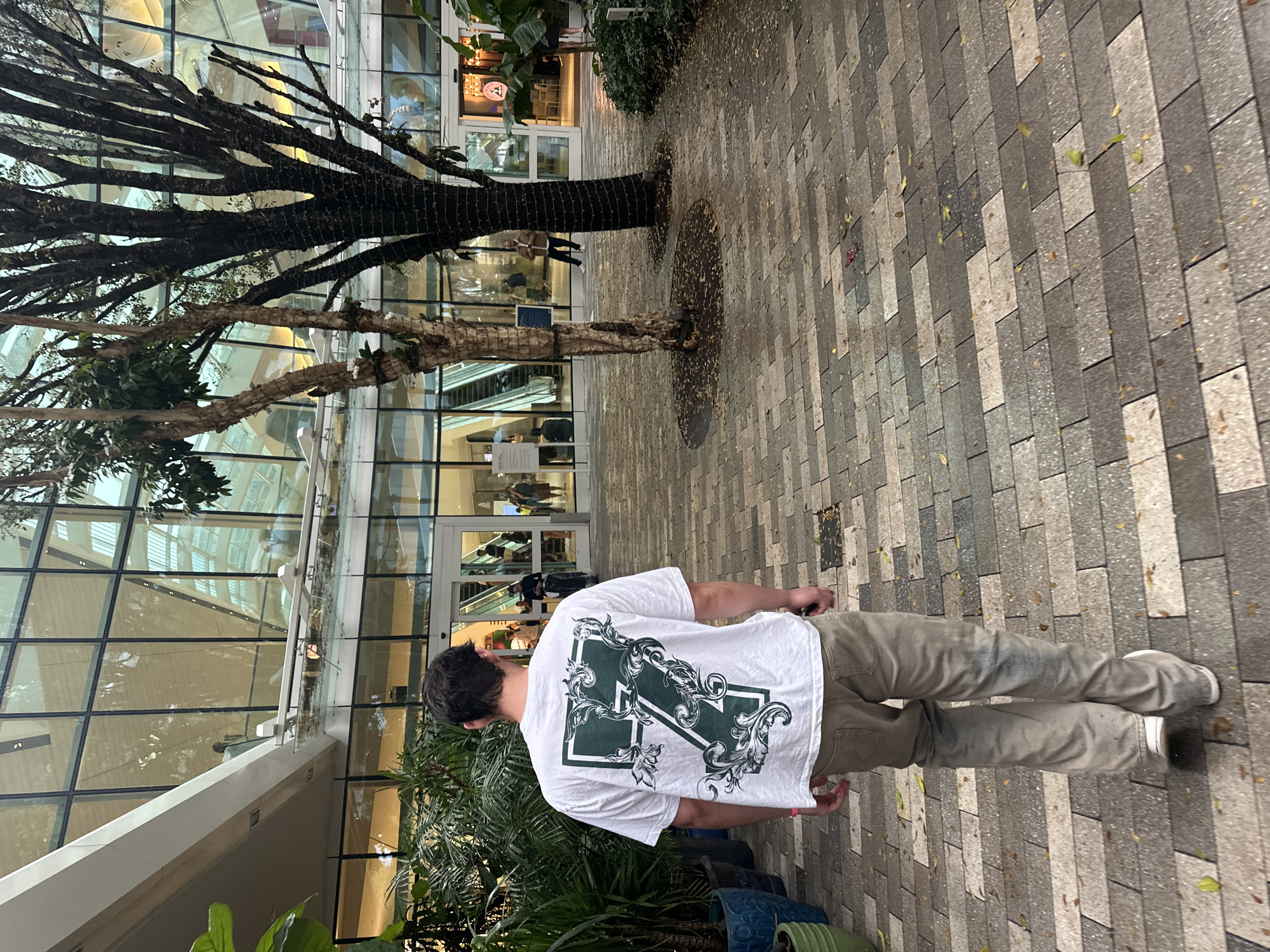 A man stands in Aventura, United States of America, on a paved walkway outside a modern building with glass walls. He is wearing a white t-shirt with a large, ornate number "7" design on the back, along with khaki pants and light-colored shoes. The building's glass reflects the sky and surrounding structures. A tree with thin, bare branches stands near the walkway, and there are potted plants in the foreground. The walkway consists of interlocking grey and beige bricks. The man appears to be walking towards the building's entrance.