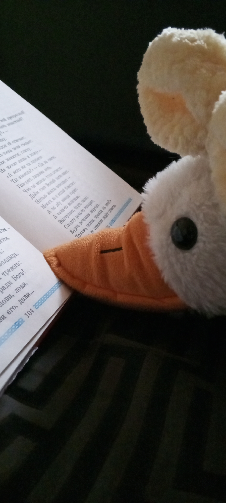 A close-up shot presents a stuffed toy duck with a soft, plush texture. The toy's eye is a simple black button, and its beak is made of orange fabric with a sewn-in detail. The duck appears to be positioned next to an open book. The book's pages display text in Russian. The page number "104" is visible at the bottom corner of one of the pages. The background consists of a dark surface, possibly a piece of furniture or a fabric. No people or specific locations in Dmitrov, Russia, are visible in the frame. The scene is still and composed, with a focus on the details of the toy and the book.