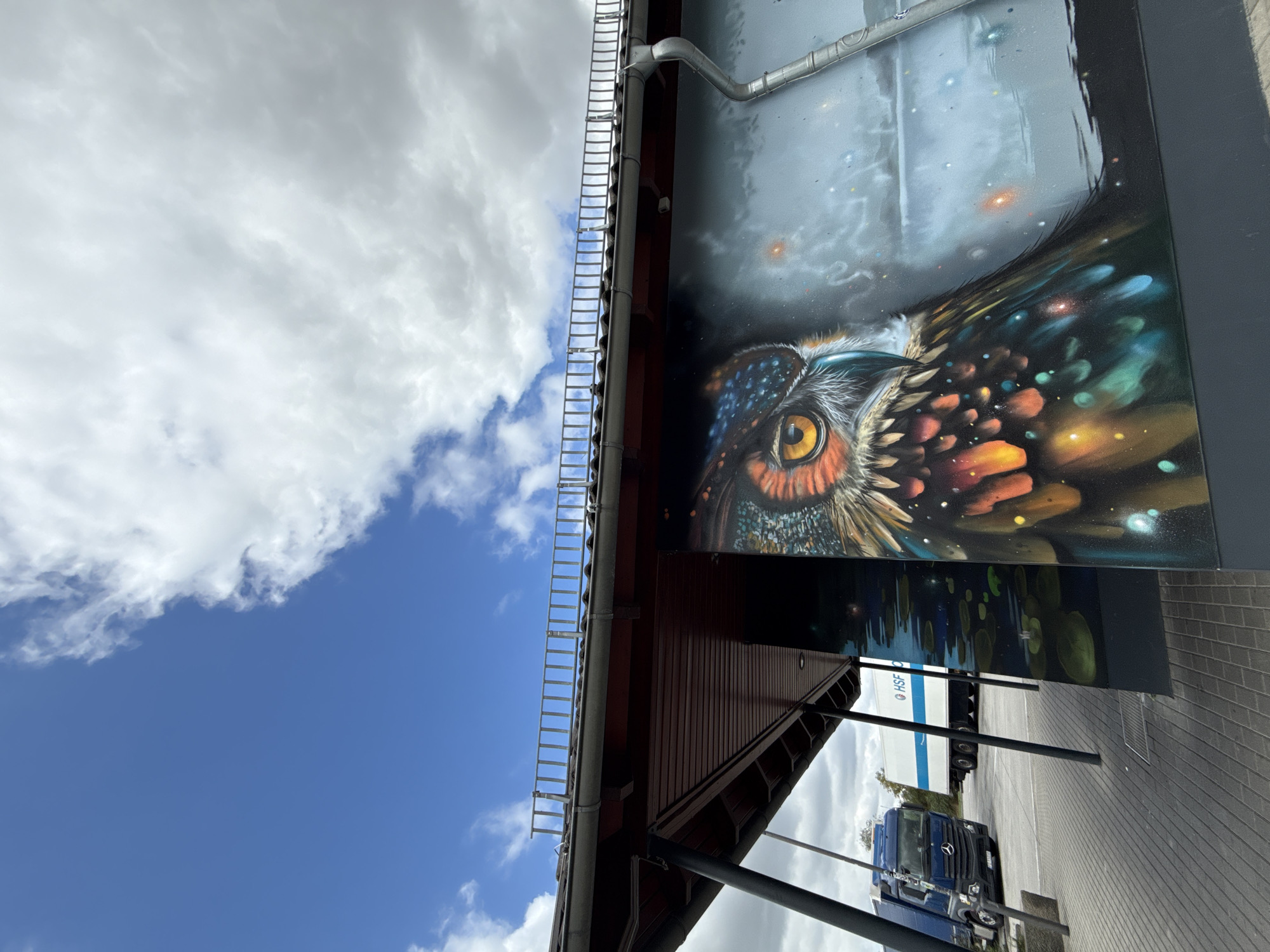 The image depicts a close-up of a mural featuring a highly detailed, vibrant owl with piercing yellow eyes, painted on the side of a building. The owl's plumage is rendered with a spectrum of warm colors, including oranges, reds, and yellows, interspersed with shimmering blues and greens, and speckled with what appear to be stars or glowing particles. To the left of the mural, the corner of a dark-covered structure with a dark-stained wooden ceiling is visible, supported by black cylindrical poles. Beyond this structure, a paved area is seen, with two large trucks parked. The truck on the left is a blue Mercedes-Benz Actros, and the truck on the right is a white semi-trailer truck with blue lettering that reads "HSF C". In the background, a cloudy blue sky with scattered white clouds is visible. The location is identified as the parking area of the Sachsenbrücke service area on the A38 highway, near Großpösna, Germany.