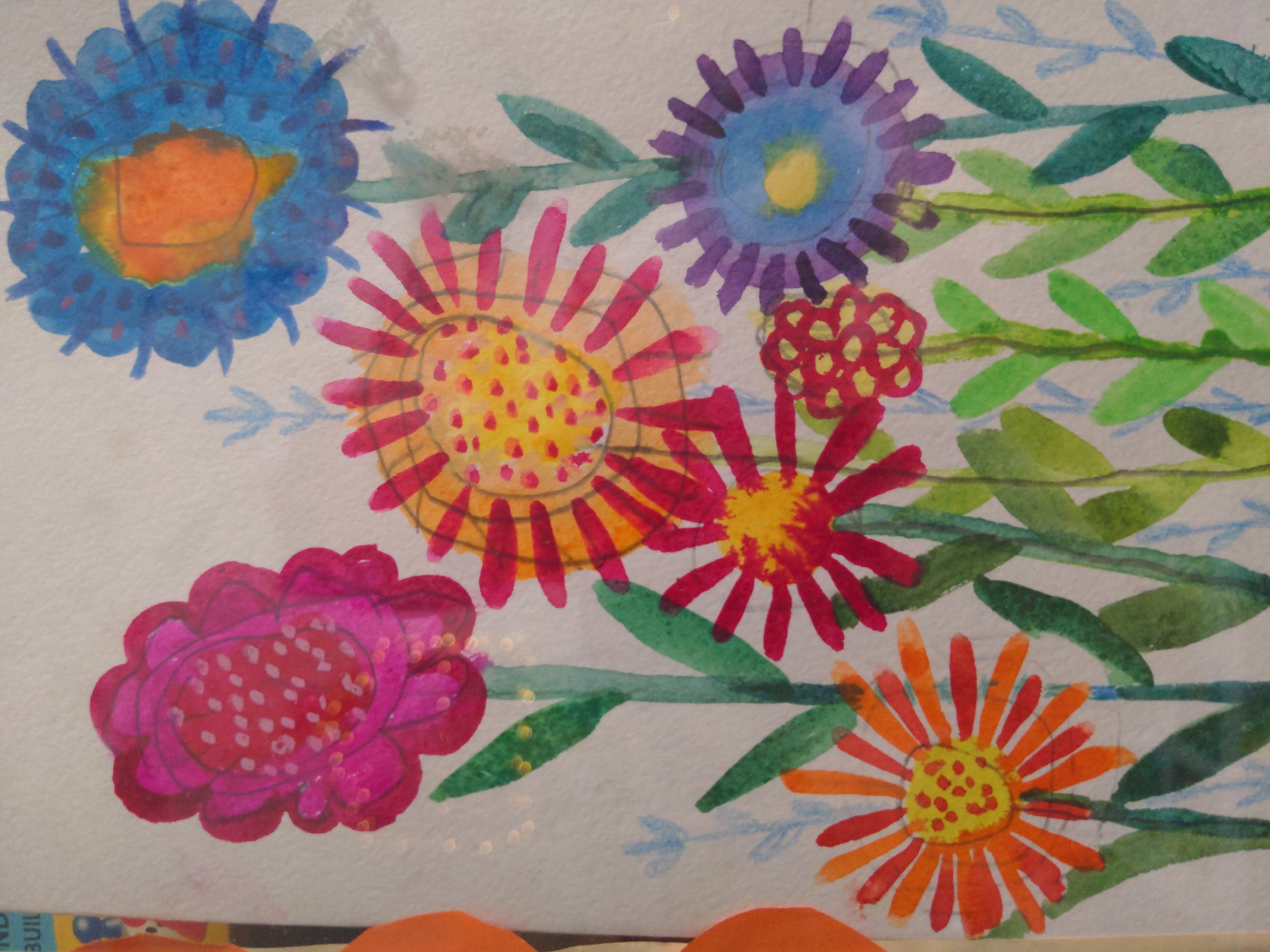 The image is a watercolor painting of several flowers and leaves. The flowers are in various colors including blue, orange, pink, purple, and red. Some flowers have solid color petals, while others have radiating lines for petals. The centers of the flowers are yellow, orange, or red. Green leaves are arranged around the flowers, some are painted with texture spots. There are also light blue arrow shapes. The background is white. There is nothing to suggest a location in Moscow, Russia.