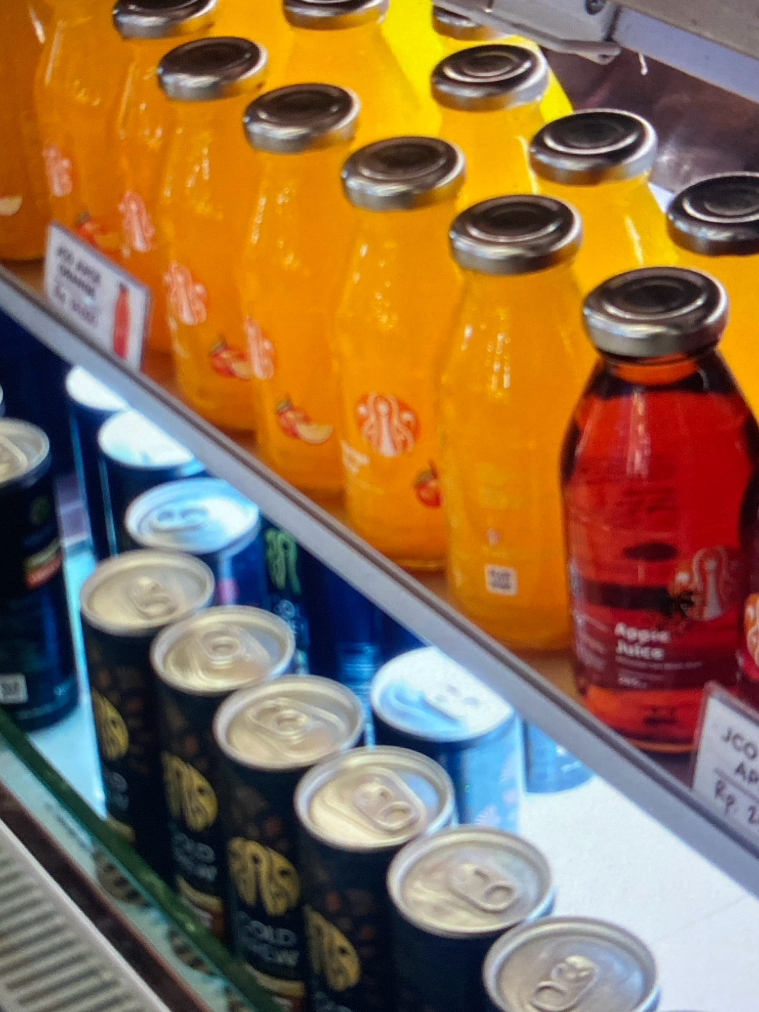 The image shows a display case filled with beverages in bottles and cans. The bottles, filled with orange-colored liquid, are arranged in rows and have silver caps. Some of the bottles have labels with fruit imagery. In the foreground, several cans with a dark blue and gold design are visible, their tops open. To the right, a red-colored bottle with an "Apple Juice" label is also present. A price tag with Indonesian Rupiah currency is visible on the right side of the image. The overall setting suggests a retail environment, possibly a convenience store or a cafe, located in the city of Probolinggo, Indonesia.
