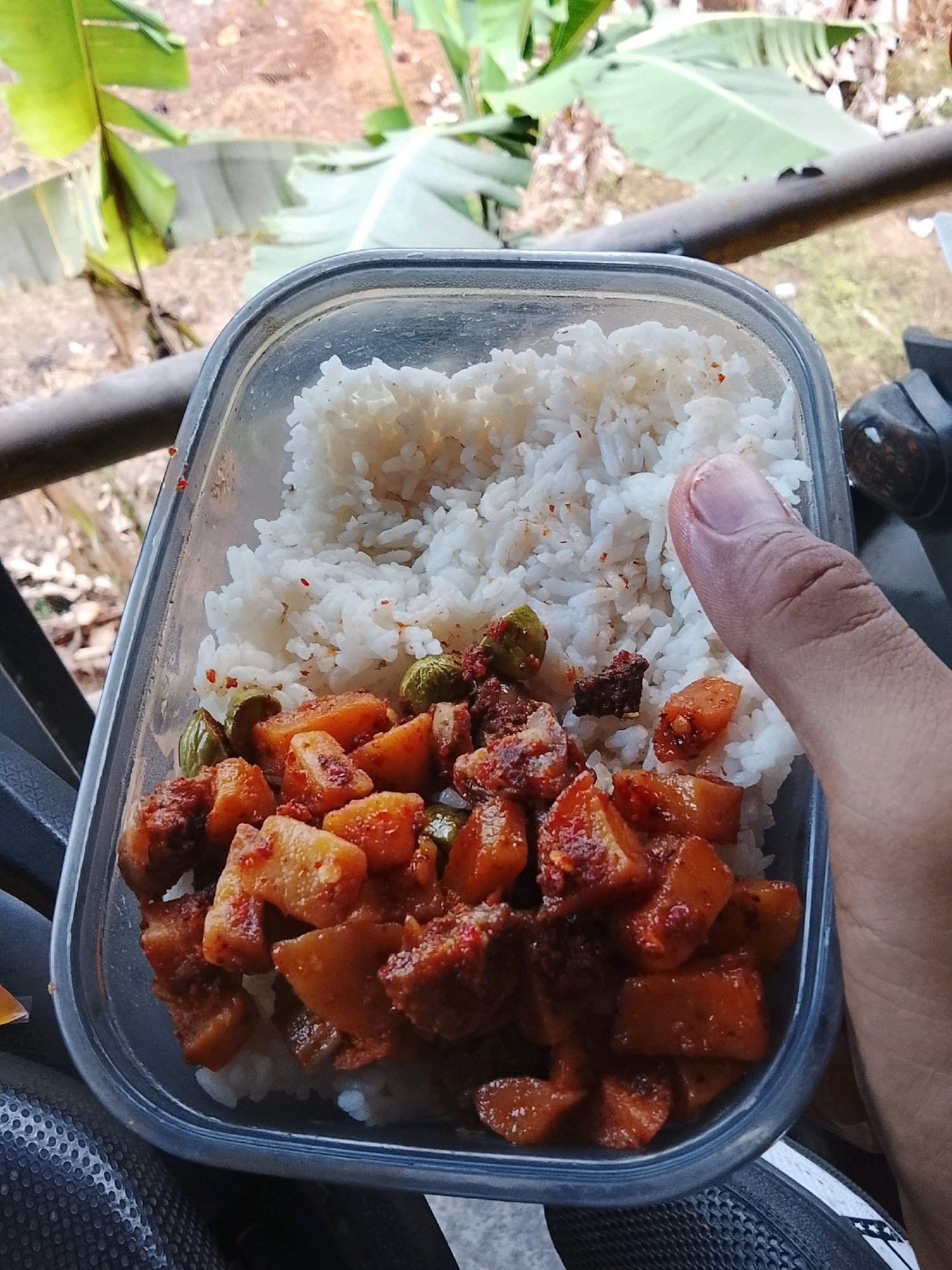 A close-up, eye-level shot shows a transparent plastic container filled with food. The container holds a generous portion of white rice on the right side, and on the left, a mixture of diced ingredients in a reddish-orange sauce. These diced ingredients appear to be potato and possibly some protein, along with green, pod-like vegetables, resembling stink beans. The food is slightly messy, with some sauce splattered on the sides of the container. A person's thumb is visible on the right side of the frame, partially obscuring the rice and suggesting the container is being held. The background is blurred, but appears to be outdoors with greenery, possibly banana leaves, and some structures. The overall setting suggests a casual meal, potentially taken outdoors. The location is specified as Banjar, Indonesia.