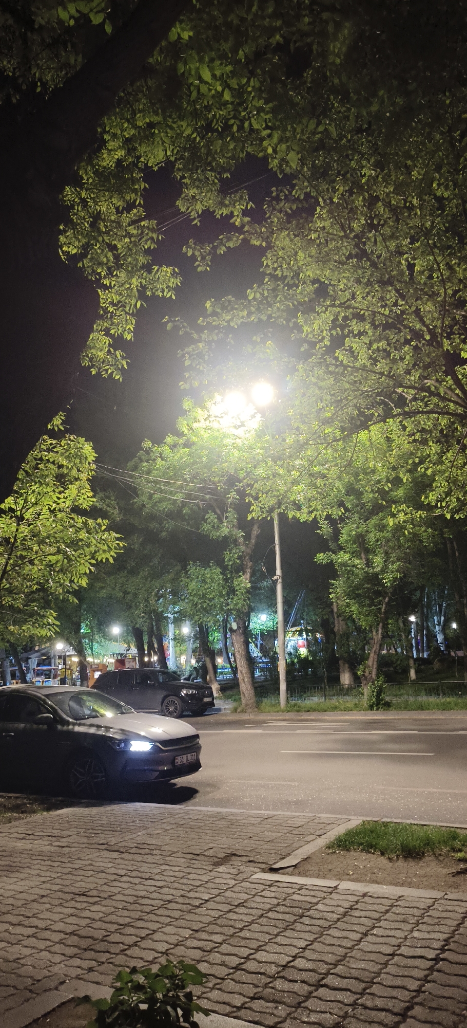 The photograph shows a street scene at night in an urban area. A car with headlights on is parked on the side of the street, with another car visible behind it. There is a paved sidewalk in the foreground, and a road divides it from a tree-lined park area in the background. Streetlights illuminate the scene, casting light through the trees. An amusement ride can be seen in the park area.