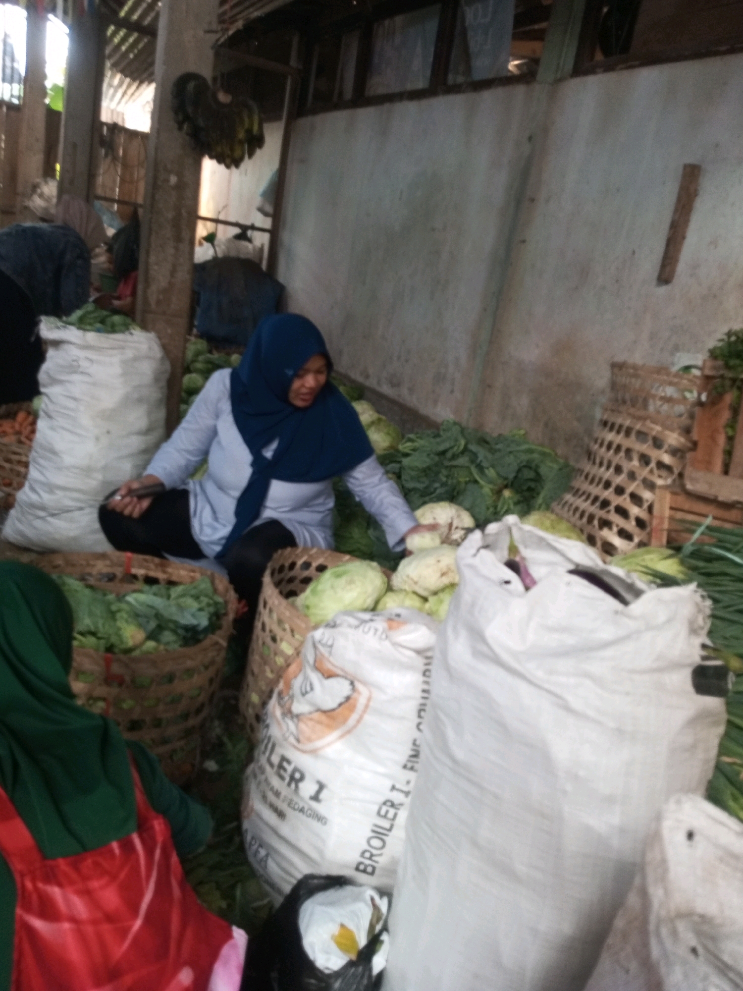 A woman wearing a blue hijab and a light blue shirt is sitting on the ground in what appears to be an outdoor market in Kalibeber, Indonesia. She is surrounded by sacks of produce, including cabbages and other leafy green vegetables. A woven basket filled with leafy greens is in the foreground. In the background, there are more sacks of produce and a woven rack. The setting seems to be under a covered structure, possibly a market stall, with wooden beams and a corrugated metal roof visible above. The lighting suggests it is daytime.